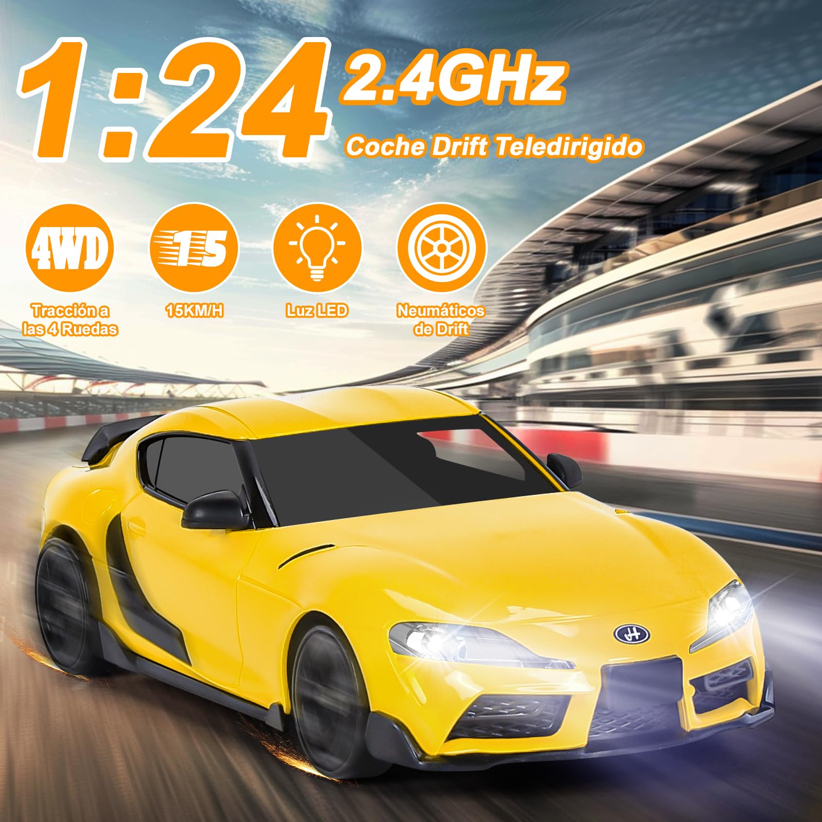 BuzzoXerex RC Drift Car, Mini Macchina Telecomandata Drift, 1/24 4WD Auto Telecomandata con Luce LED, 18km/h, Auto Giocattolo per Adulti e Bambini di Età Superiore agli 6 Anni (Giallo)