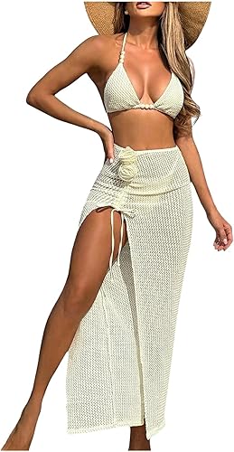 Verdusa Women's 3 Piece Bikini Sets Boho Halter Textured Triangle Swimsuit with 