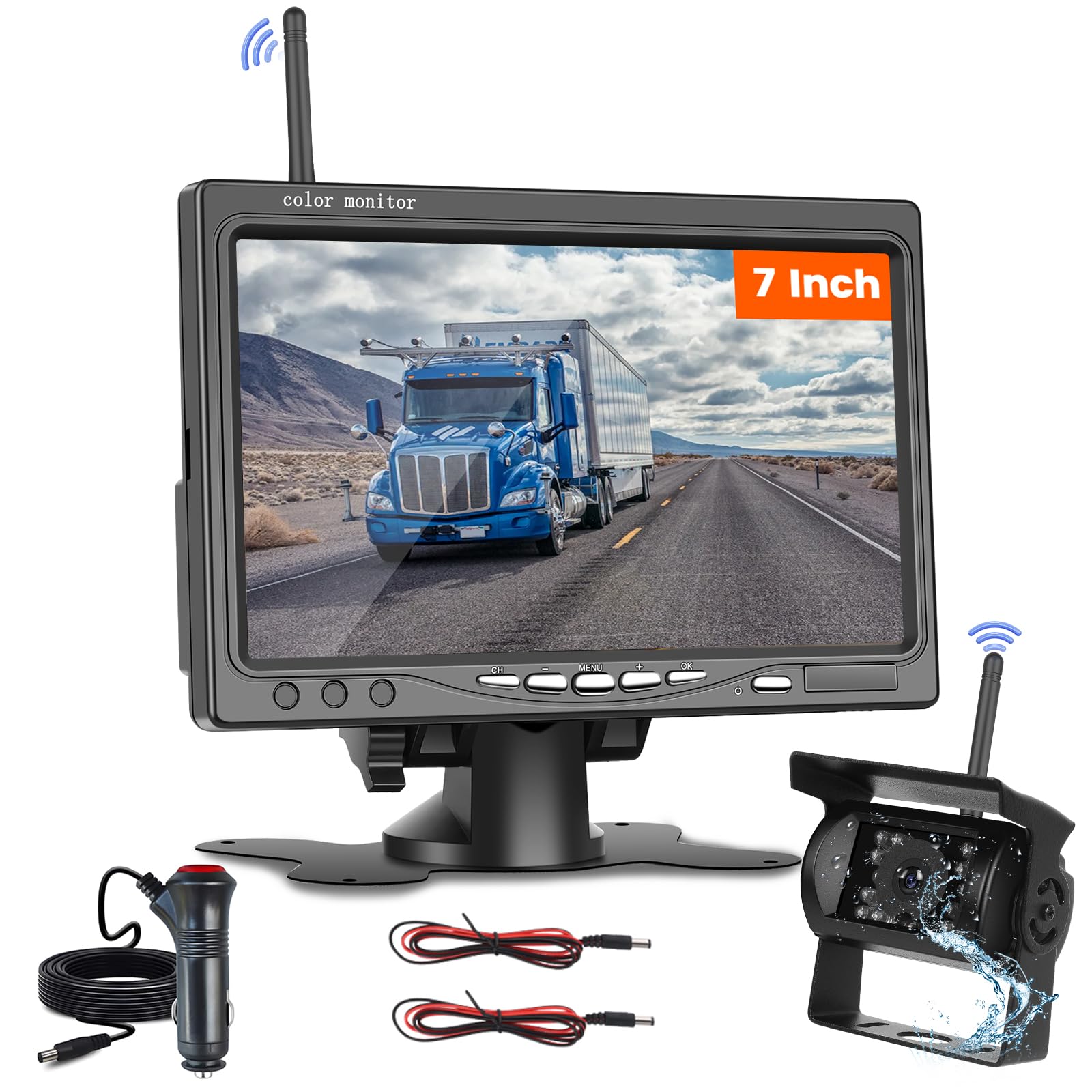 Inefala AHD Cámara de Visión Trasera Kit Inalámbrico con Monitor de 7 Pulgadas, Cámara de Marcha Atrás con Impermeable IP68, BSD, Visión Nocturna, para LKW Bus Van SUV (DC 12V-24V)