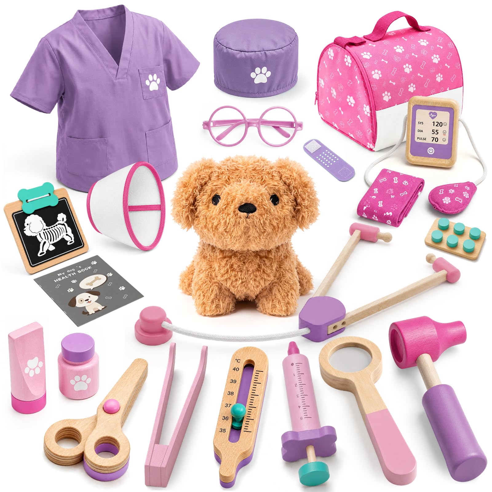 Valigetta Dottore Bambini, Kit Veterinario di Legno, Kit Dottoressa Bambina con Peluche Cane, Valigetta Dottoressa Bambina con Camice e Cappello, Giochi Bambini 3 Anni(Rosa)