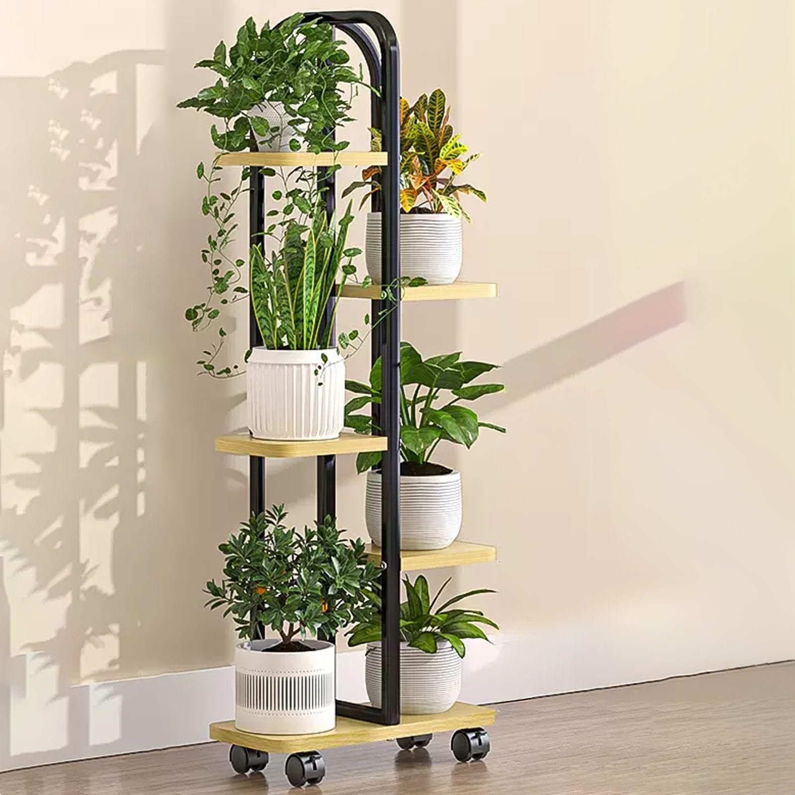 Supporto per piante in metallo su ruote, scaffale in legno a 5 ripiani per vasi da fiori, ideale per patio, soggiorno, balcone, ufficio, design nero