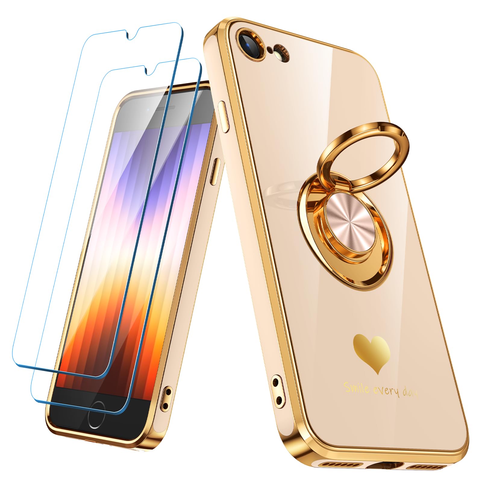 Nonional Compatible for iPhone SE/8/7 Case with 2 Pack Screen Protector, 360° Rotatable Ring Holder [Luxury Hearts Pattern] Plating Gold Edge Slim Soft Phone Case for iPhone SE/8/7 - Pink