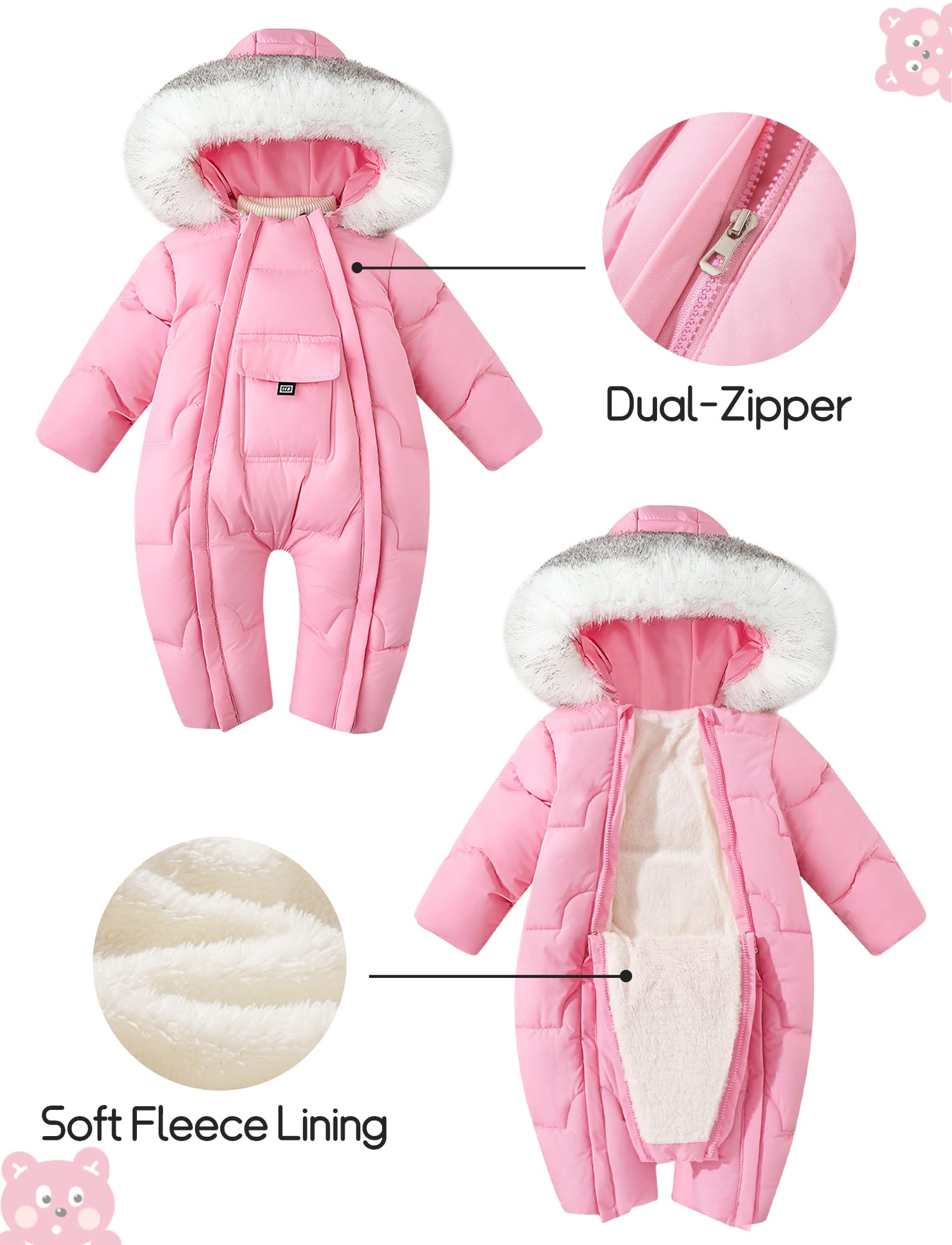 SEAUR Combinaison de Neige Bébé Doublée Barboteuse d'Hiver à Capuche Fermetures Éclair Nouveau-né Filles Garçons Tenues Chaudes 3 mois-3 ans