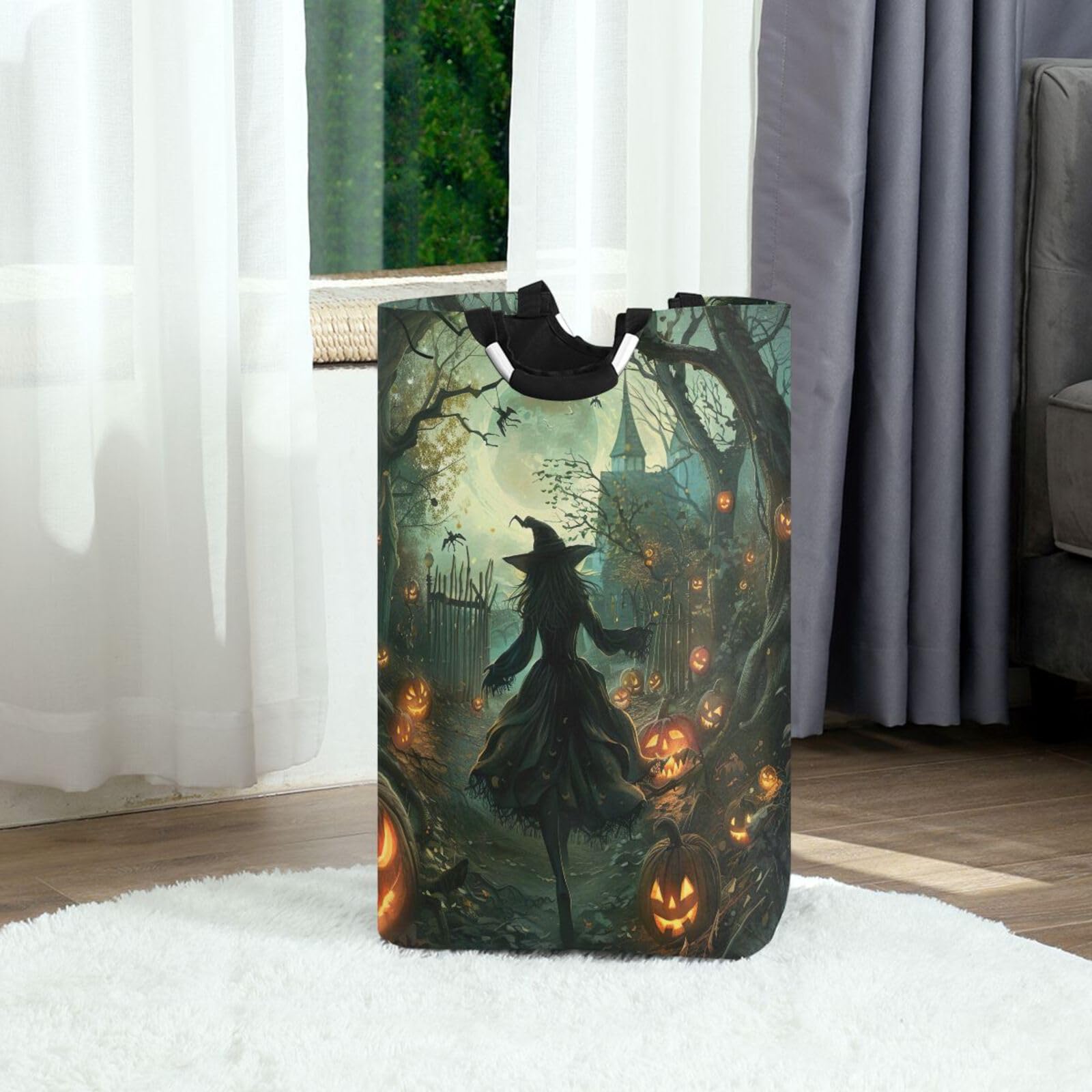 Jihqo Laundry Hamper Basket Halloween Witch Collapsible Nursery Storage Bin Waterproof Clothing Baskets for Home Bedroom Bathroom Washing Room