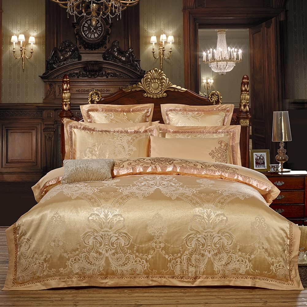 Golden Luxury Satin Jacquard Embroidered Bedding Sets Include 1 Duvet Cover 2 Pillowcases KL-FLTH (3pcs Double Size)
