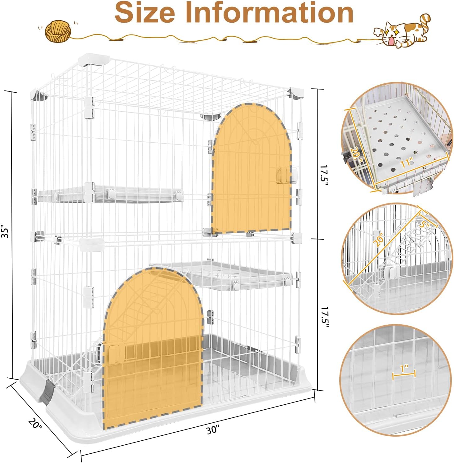 Cat Cage for Indoor Cats, DIY 2-Tier Catio & Cat Playpen with Escape-Proof Spacing, Sturdy Metal Cat Crate Kennel for Kittens, Ferrets & Small Animals (White, Two-Tier35)