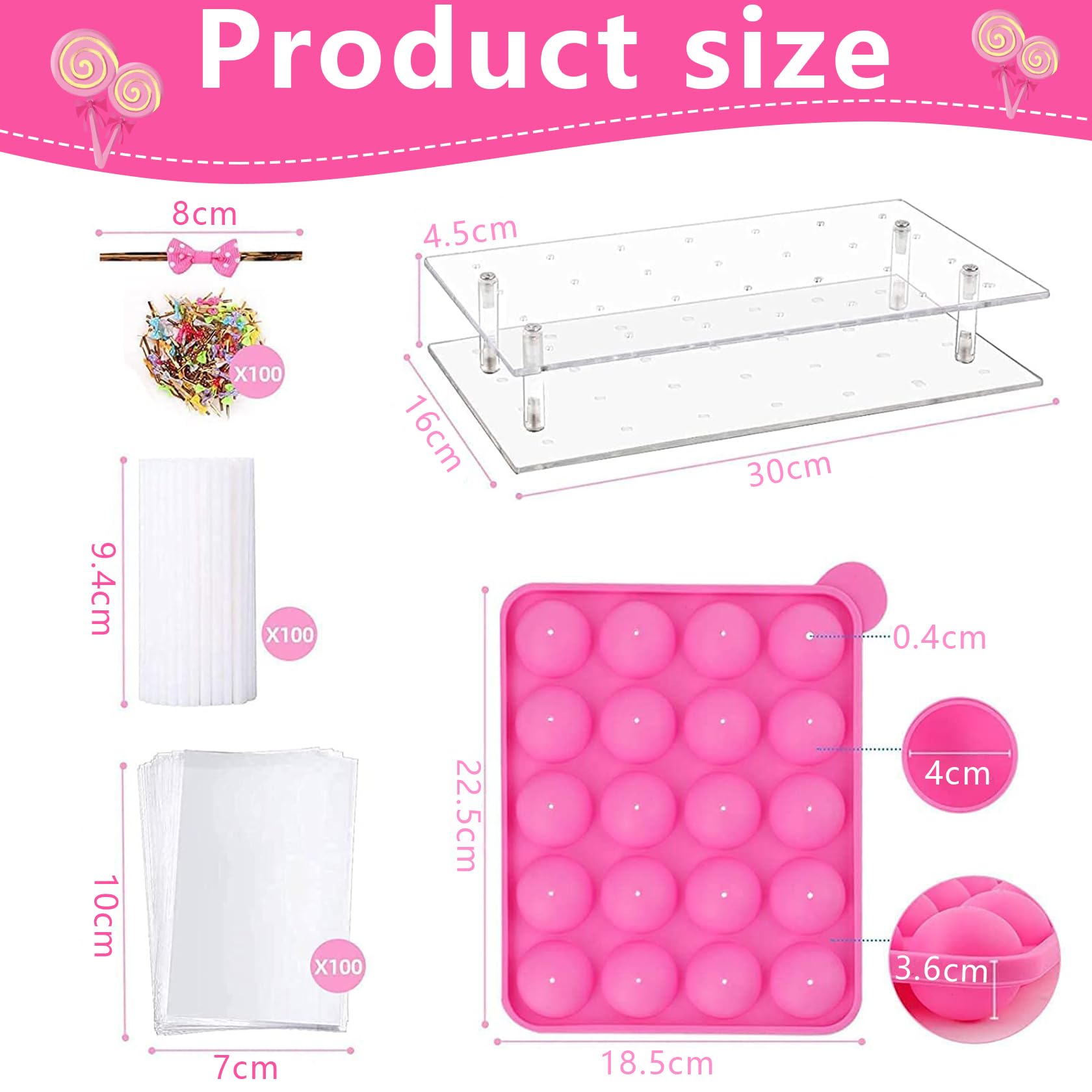 MOFASVIGI Lot de 302 moules à cake pop avec 1 support en acrylique, 1 set de moules en silicone, 100 sacs transparents, 100 bâtonnets de traitement, 100 nœuds papillon doré