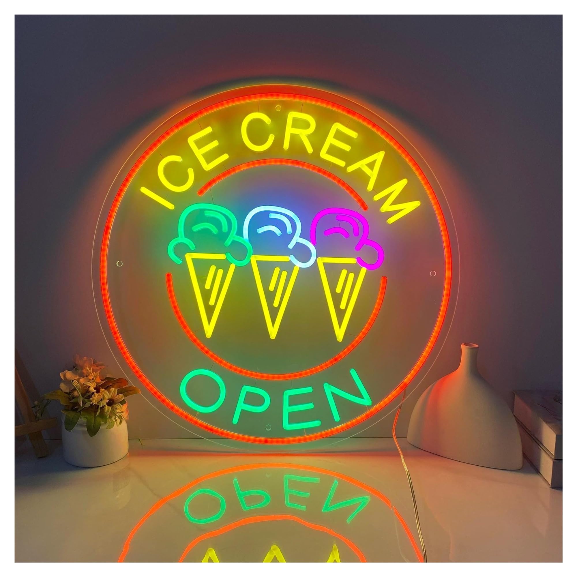 RONGCH Hanging Art Signs Ice Cream Open Neon Sign,Suitable for Cafe Dessert Shop Decor with Dimmable 50cmx50cm(A)