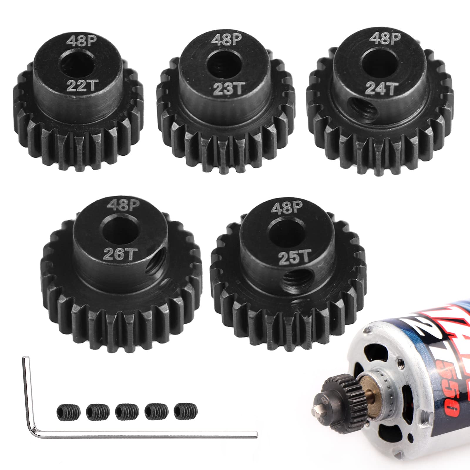 AIMROCK 5-Pack 48P RC Motor Pinion Gears Set: 22T 23T 24T 25T 26T Upgrade Parts for 1/10 RC Car 3.175mm Shaft Motor