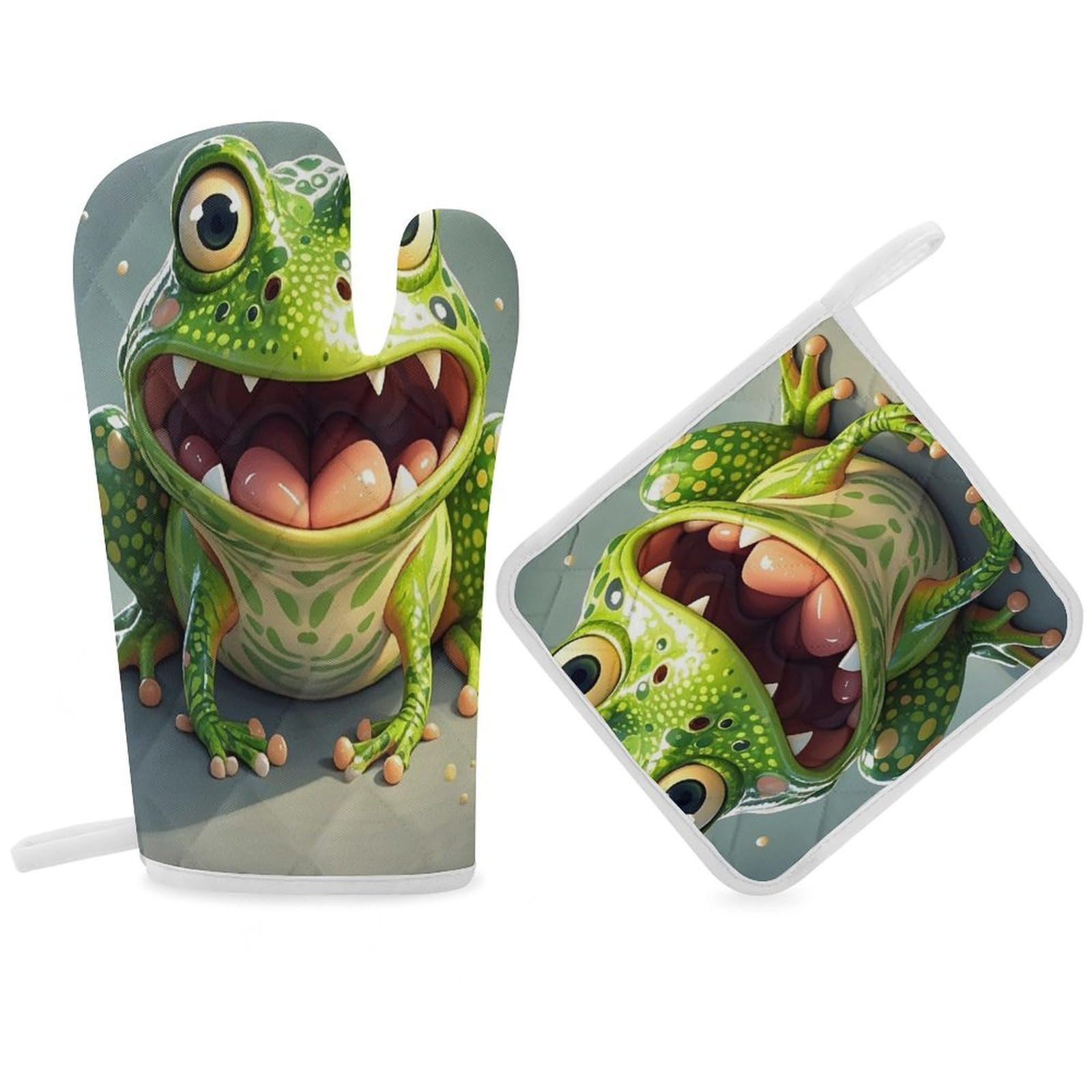 Frog with Mouth Open Oven Mitt Gloves and Heat Insulation Pads Double-Layer Thickened Heat Insulation Mitt Temperature Oven Gloves for Cooking Baking Grilling
