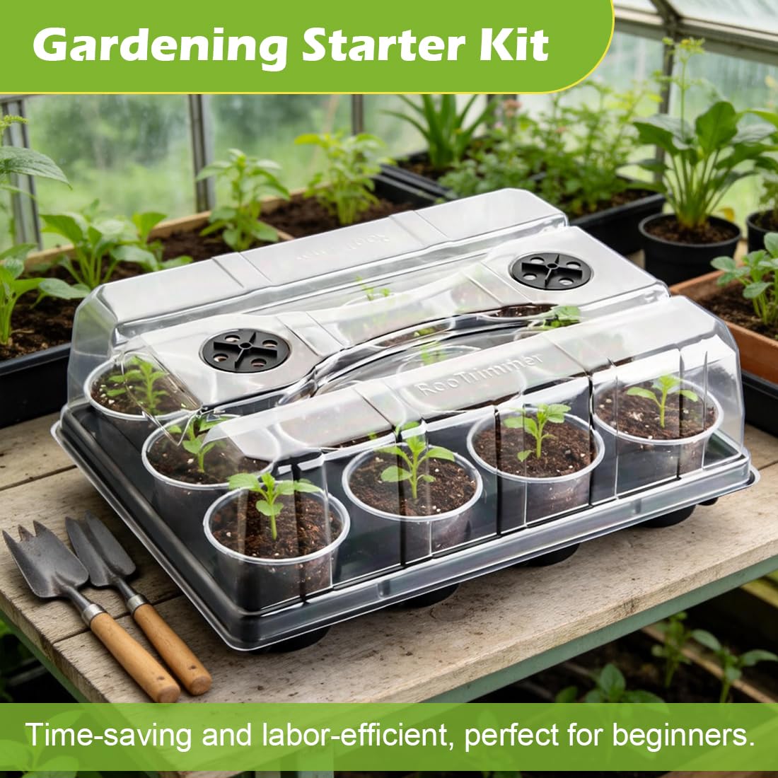 RooTrimmer Pflanzentöpfe mit 12 Zellen, verstellbare Luftfeuchtigkeitskuppeln und 10,2 cm transparente Töpfe, 60 Stück, stabiles Saatgut-Startset für Gewächshaus, Garten, wiederverwendbare Keimung, 5