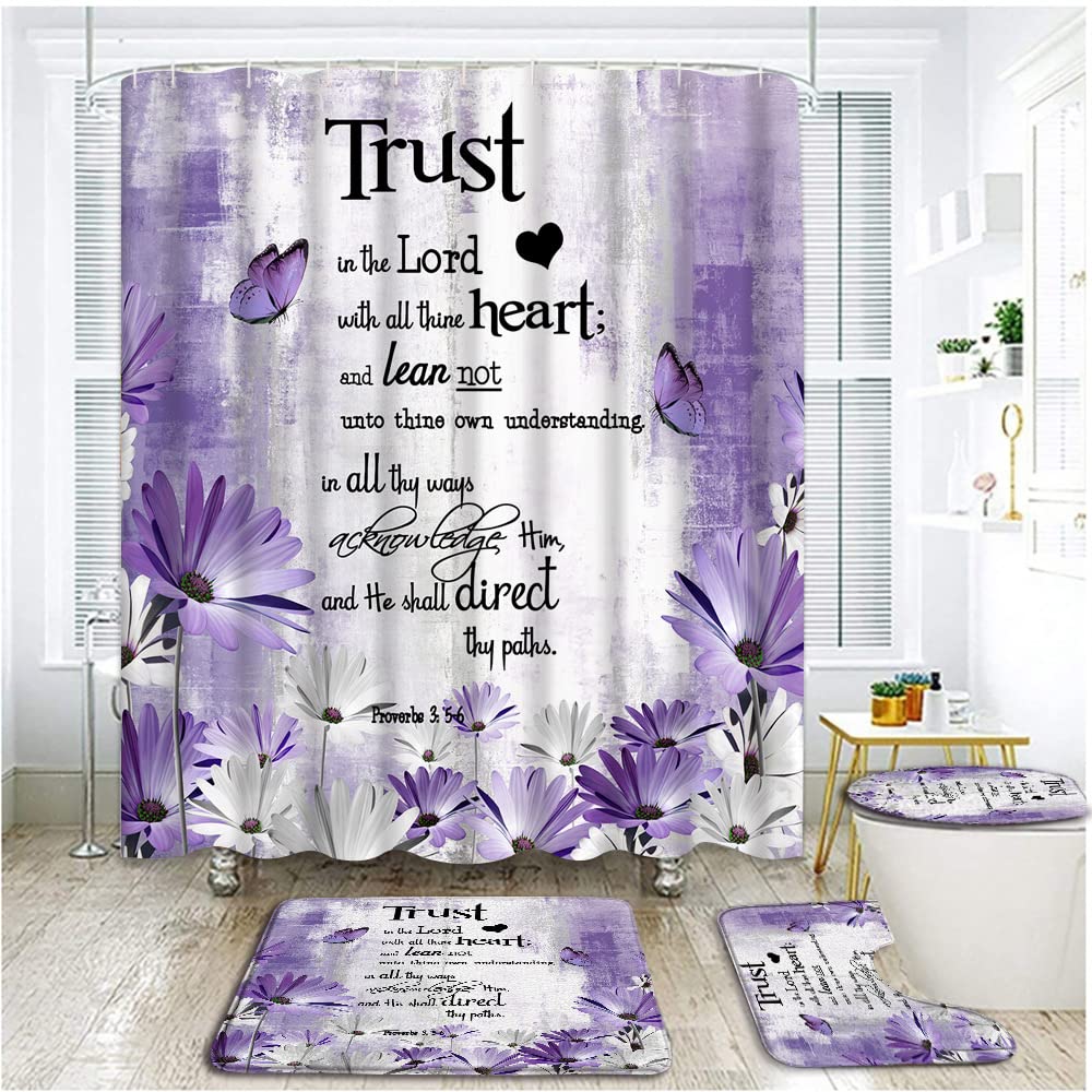 4 Piece Purple Grey Flower Shower Curtain Sets with Rugs, Toilet Lid Cover , Rustic Daisy Butterfly Inspirational Quotes Trust in The Lord Verse Farmhouse Art Bathroom Shower Curtain with 12 Hooks