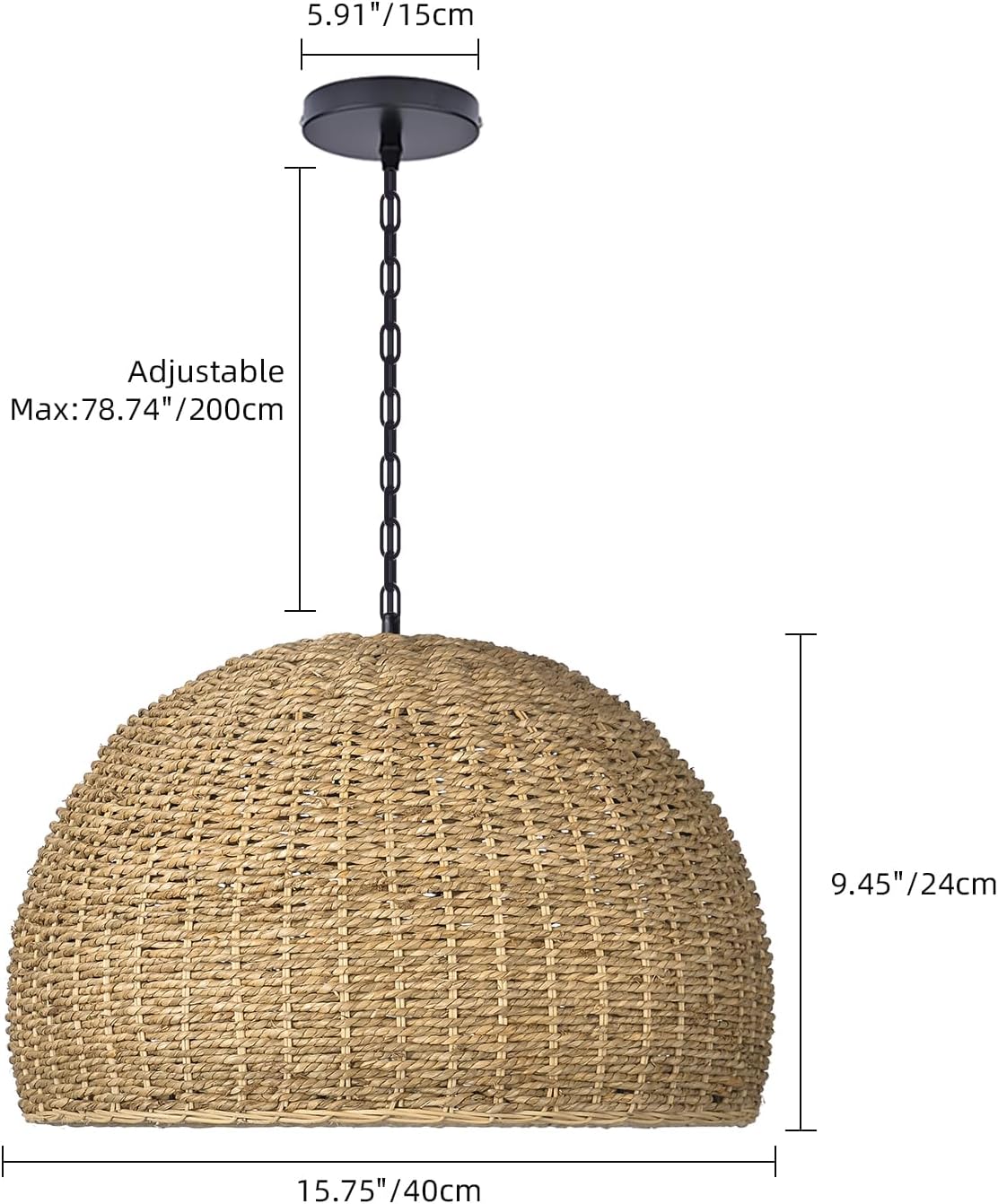 Rustic Rattan Pendant Light Kitchen, Farmhouse Seagrass Dining Chandelier, 15.74''W Wicker Hanging Lamp Ceiling Lighting Fixture with Chain for Bedroom Living Room