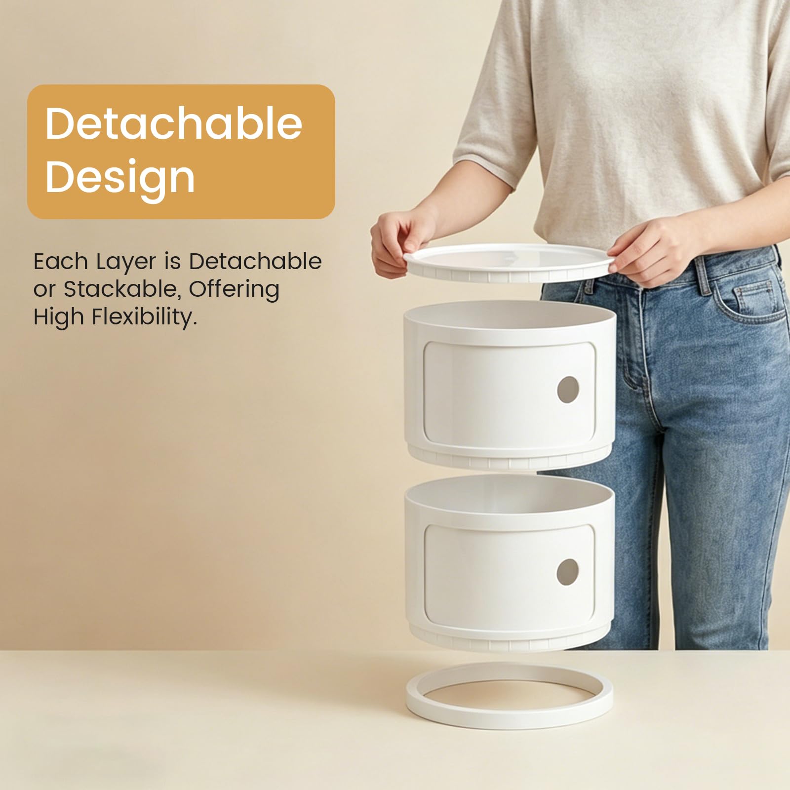 Comodino Rotondo Componibile, Organizer per Cassetti da Cucina, Camera da Letto, Soggiorno, Bagno – Bianco, Unità a 2 Scomparti × 1
