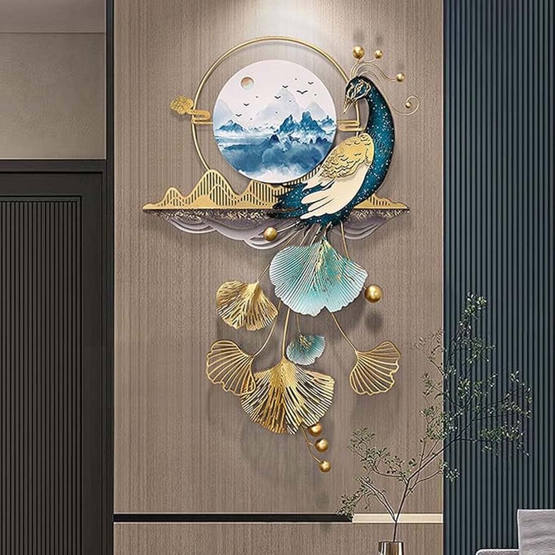 AZQOHMIS 3D Metal Peacock Wall Art Decor - Handmade Ginkgo Leaf Wall Sculptures for Living Room, Entryway, Office - Unique Metal Wall Hanging Ornaments (50 x 82cm)