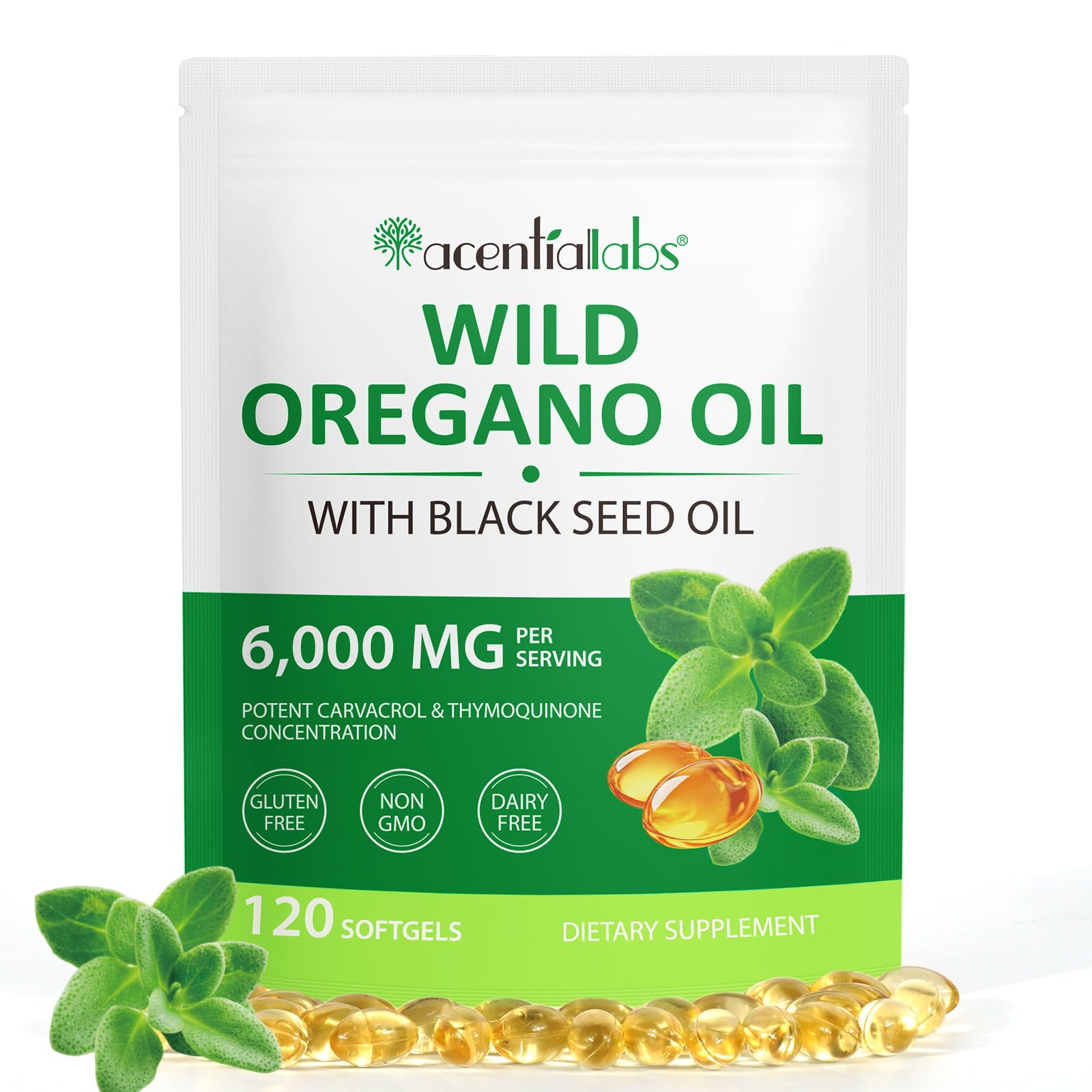 Oregano Öl Kapseln, Bio Oregano Öl Wildes Oreganoöl 6000 mg mit 200 mg Schwarzkümmelöl, 120 Weichkapseln ätherische Oreganoöl Kapseln, Immun Unterstützung und Antioxidans, Gentechnikfrei