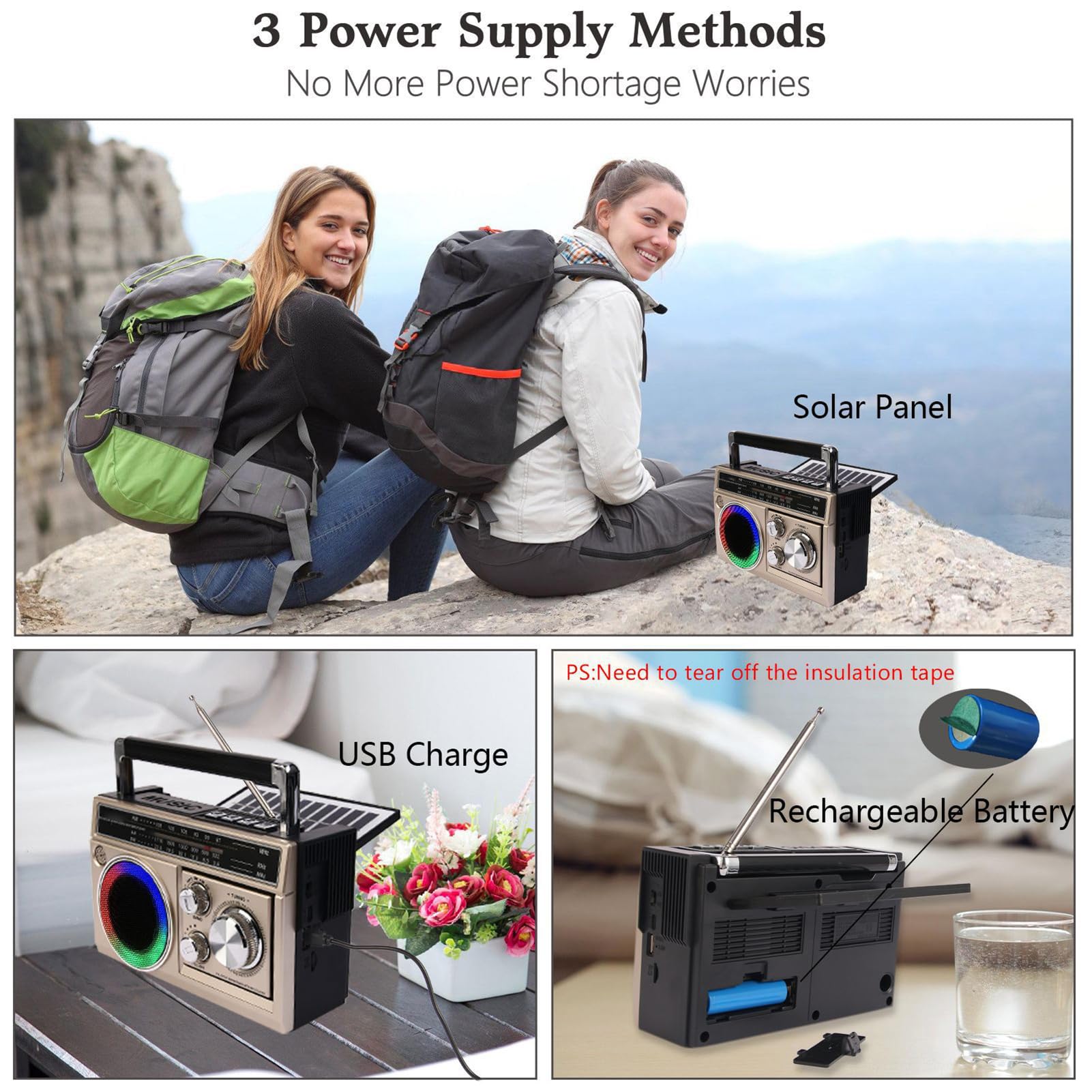 Haut-Parleur Radio BT Portable, Lampe de Poche LED Stéréo 5 W, Radio Extérieure FM AM SW avec Véritable Stéréo sans Fil pour la Maison, Le Camping, Les Voyages (Gold)