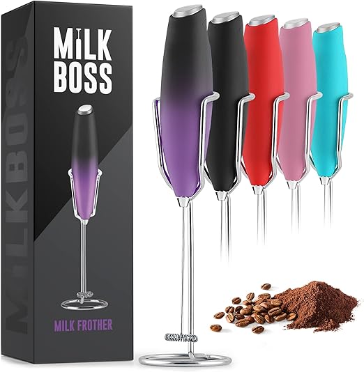 Milk Boss Powerful Milk Frother Handheld With Upgraded Holster Stand - Coffee Frother Electric Handheld Foam Maker - Milk Frother For Coffee (Galaxy)