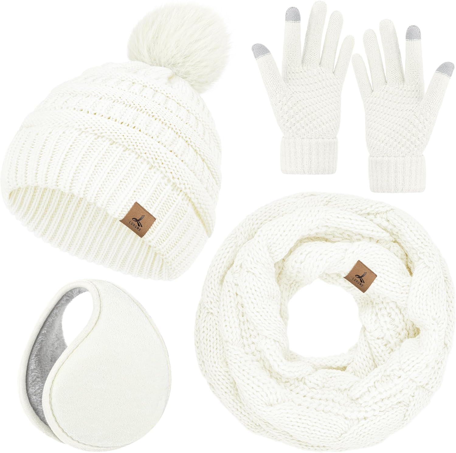 Winter Hat Scarf Gloves and Ear Warmer, Warm Knit Beanie Hat Touch Screen Gloves Set Winter Gifts Neck Scarves for Women