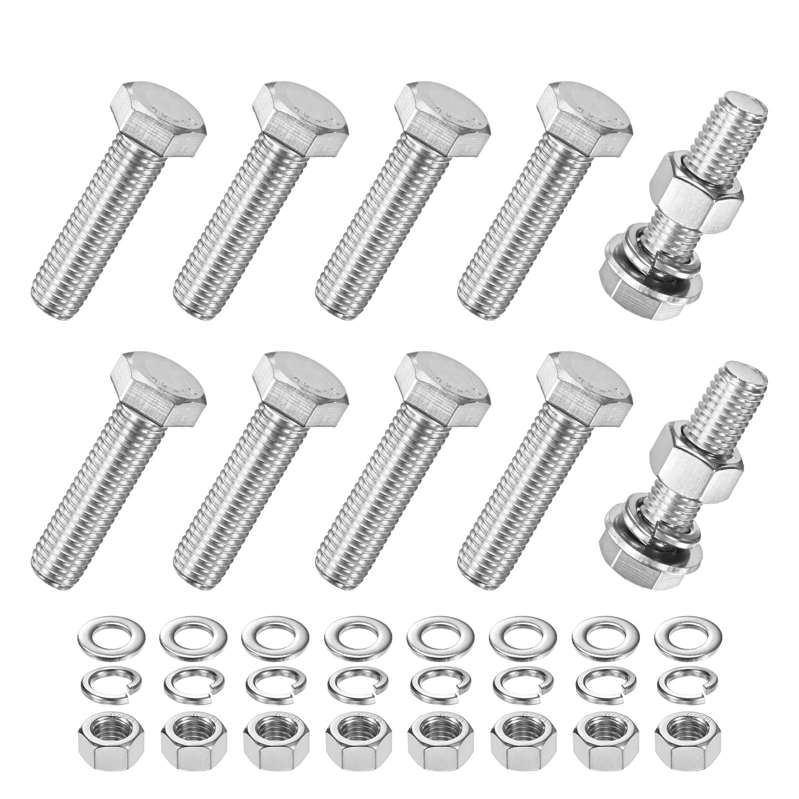 M METERXITY 10-Pack Hex Head Screw Bolt with Nuts Flat & Lock Washers M12x45mm Stainless Steel Bolts and Nuts Kit Fully Threaded Metric Bolt Assortment for Equipment/Machinery