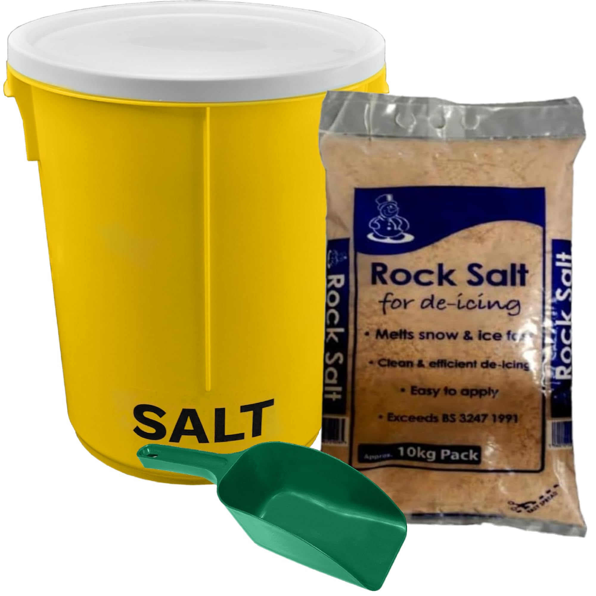 KetoPlastics 25L Yellow Grit Salt Bin 43cm with Lid and 10kg Brown De-icing Salt for Driveway, Path and Patio with Scoop