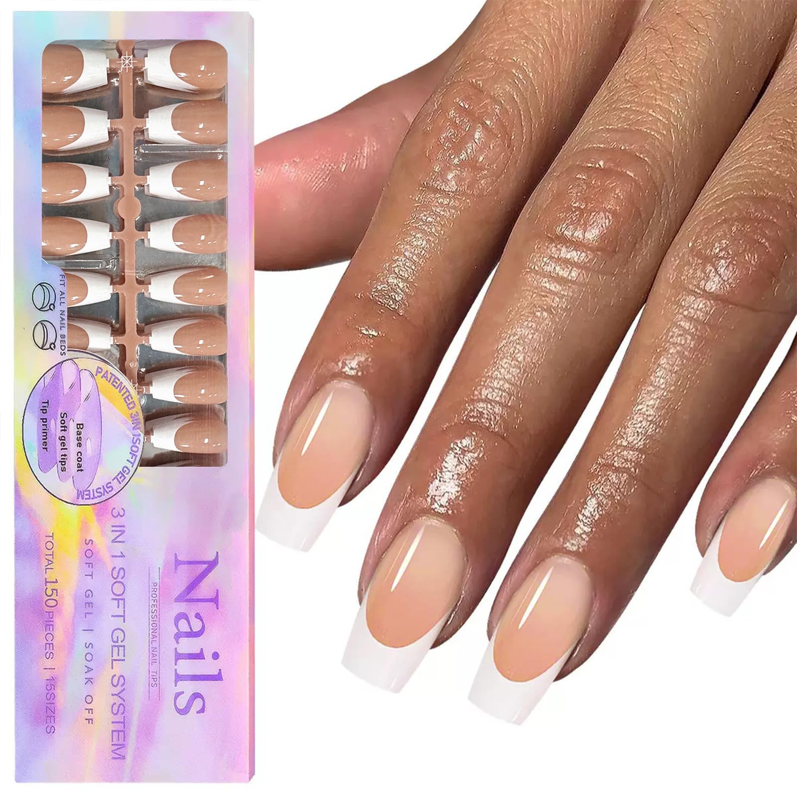 FJSMTOPl 150Pcs White French Tip Press on Nails Long Square Fake Nails Press ons False Nails with Designs Gel x French Nails Glossy Full Cover Acrylic