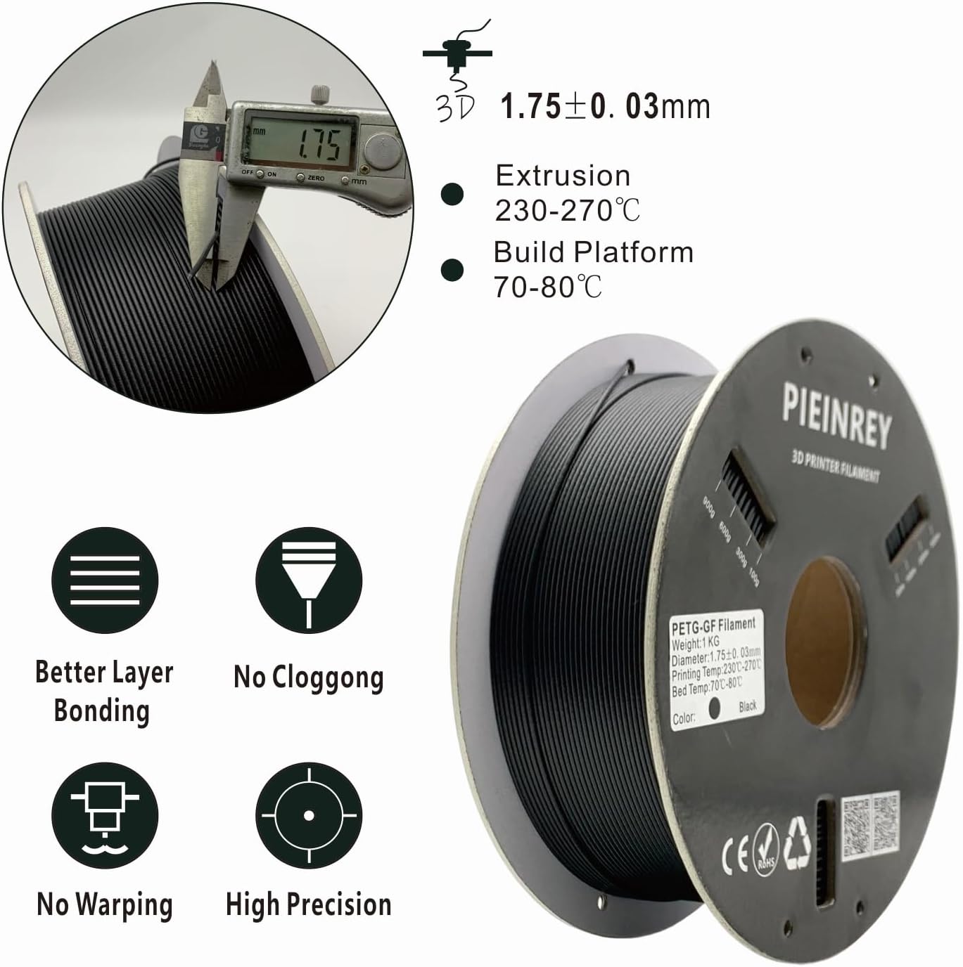 Reinforced Glass Fiber PETG Filament 1.75mm,PETG GF High Impact Resistance,Durability & Stiffness,Compatible with Bambu Lab Creality K1C,QIDI MAX3,FLASHFORGE, Prusa MK4 FDM 3D Printer,1 KG,Black