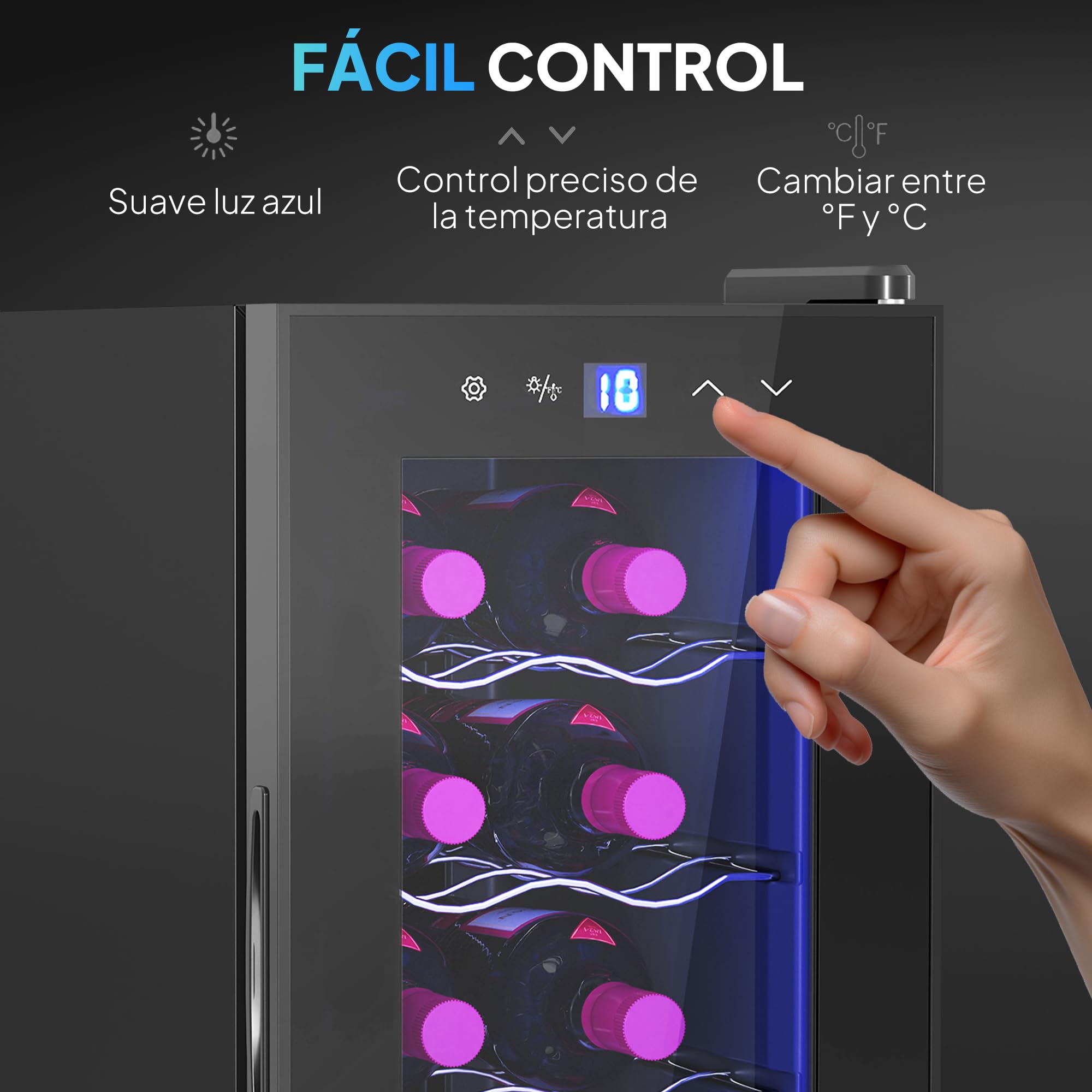 HOMCOM Vinoteca 12 Botellas, Nevera para Vinos con Doble Refrigeración Termoeléctrica, Temperatura Ajustable 8-18℃, Silencioso 37db, Puerta de Vidrio, Anti-UV, Pantalla LED, Luz Interior, Negro — view 6