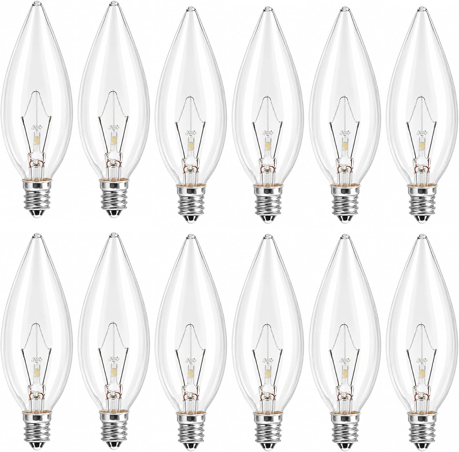 MEQIQTEK E12 60 Watt Incandescent Candle Light Bulbs, Chandelier Light Bulbs for Ceiling Fan, Vanity, Outdoor - Warm White 2500K, 600 Lumen Dimmable B10 Clear Candelabra Base Bulbs (12 Pack)