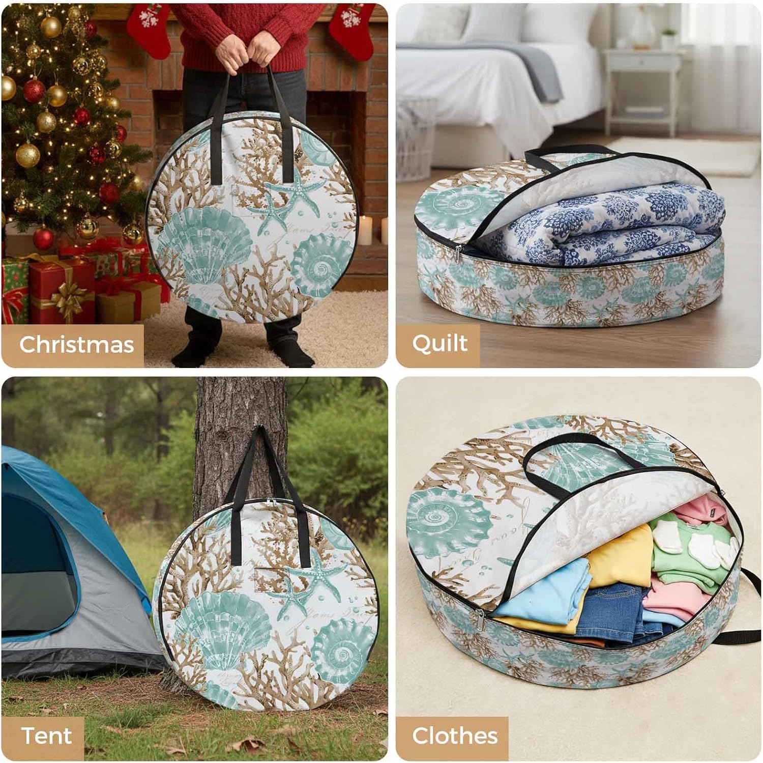 Teal Starfish Shell Round Storage Bag 36 Inch, Brown Watercolor Coral Summer Coastal Clothes Storage Container with Handles Heavy Duty Organizer for Comforter, Bedding & Holiday Wreaths
