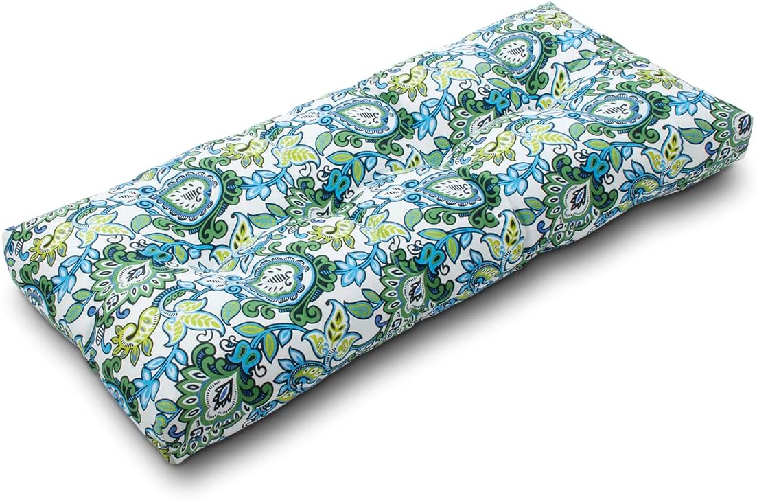 Magpie Fabrics Patio Bench Cushion 42"x18", Indoor/Outdoor Non-Slip Water Resistant Long Seat Pads, Tufted Loveseat Cushion for Swing, Settee, Window, Garden, Wicker, Front Porch(Botanical Blue Green)