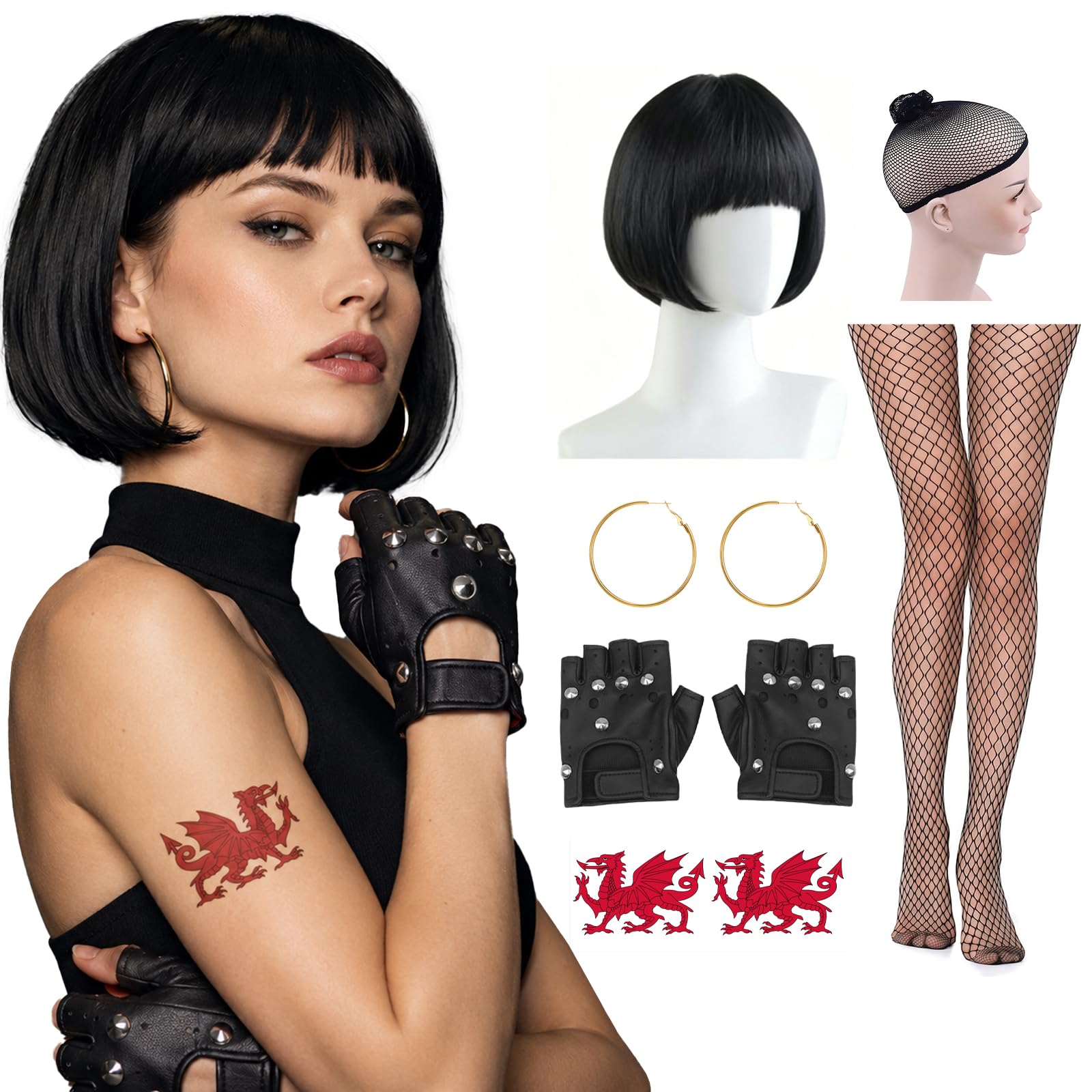 7-Piece Welsh TV Character Costume Accessory Set for Adults - Includes Black Bob Wig, Hairnet, Studded Gloves, Fishnet Tights, Welsh Dragon Tattoos & Hoop Earrings - Iconic Fancy Dress Outfit