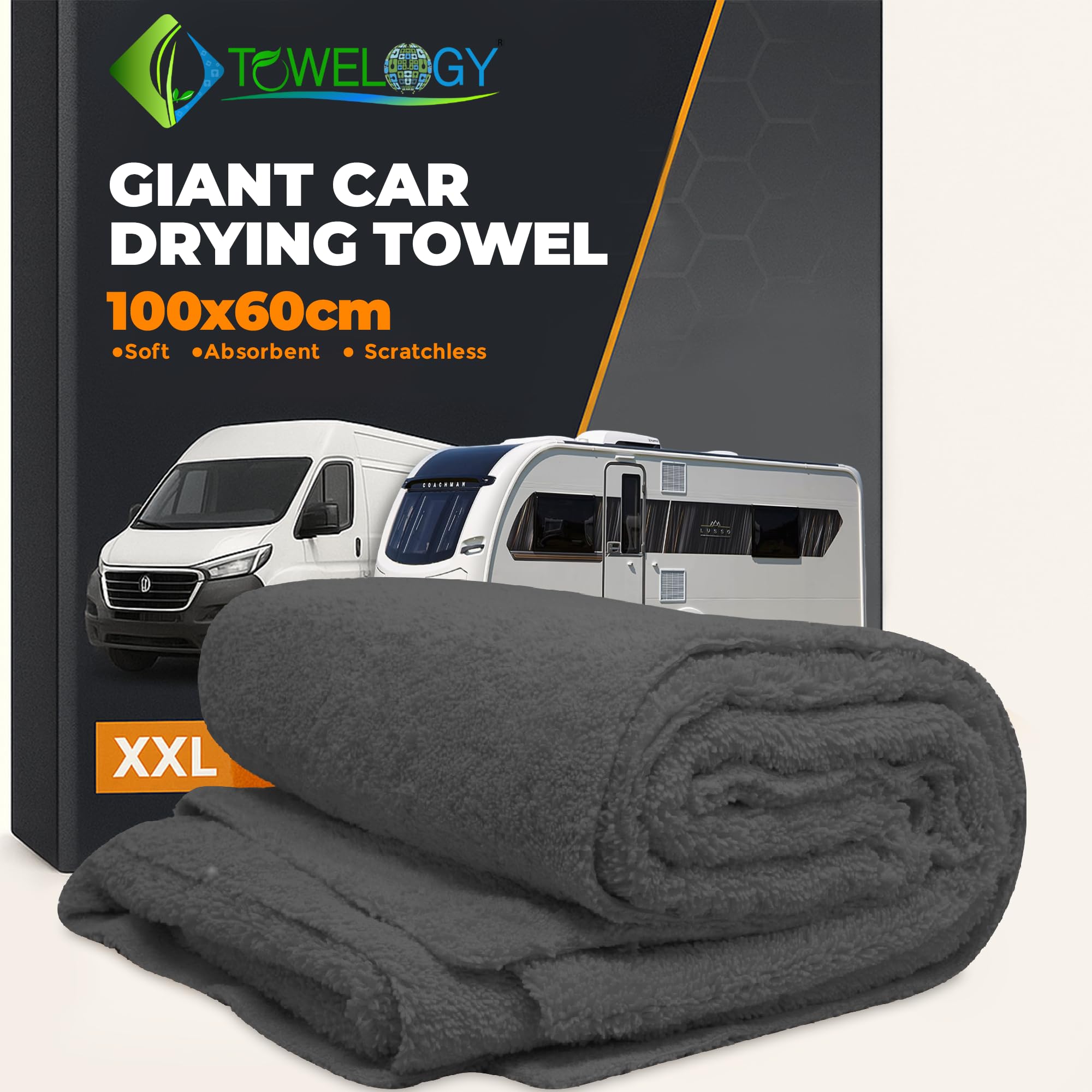 Towelogy MEGA-07 Full-Size SUV Drying Towel – 60x100cm Microfibre Car Cloth for Caravans, Vans, Home Motors & Trucks (1, Ash)