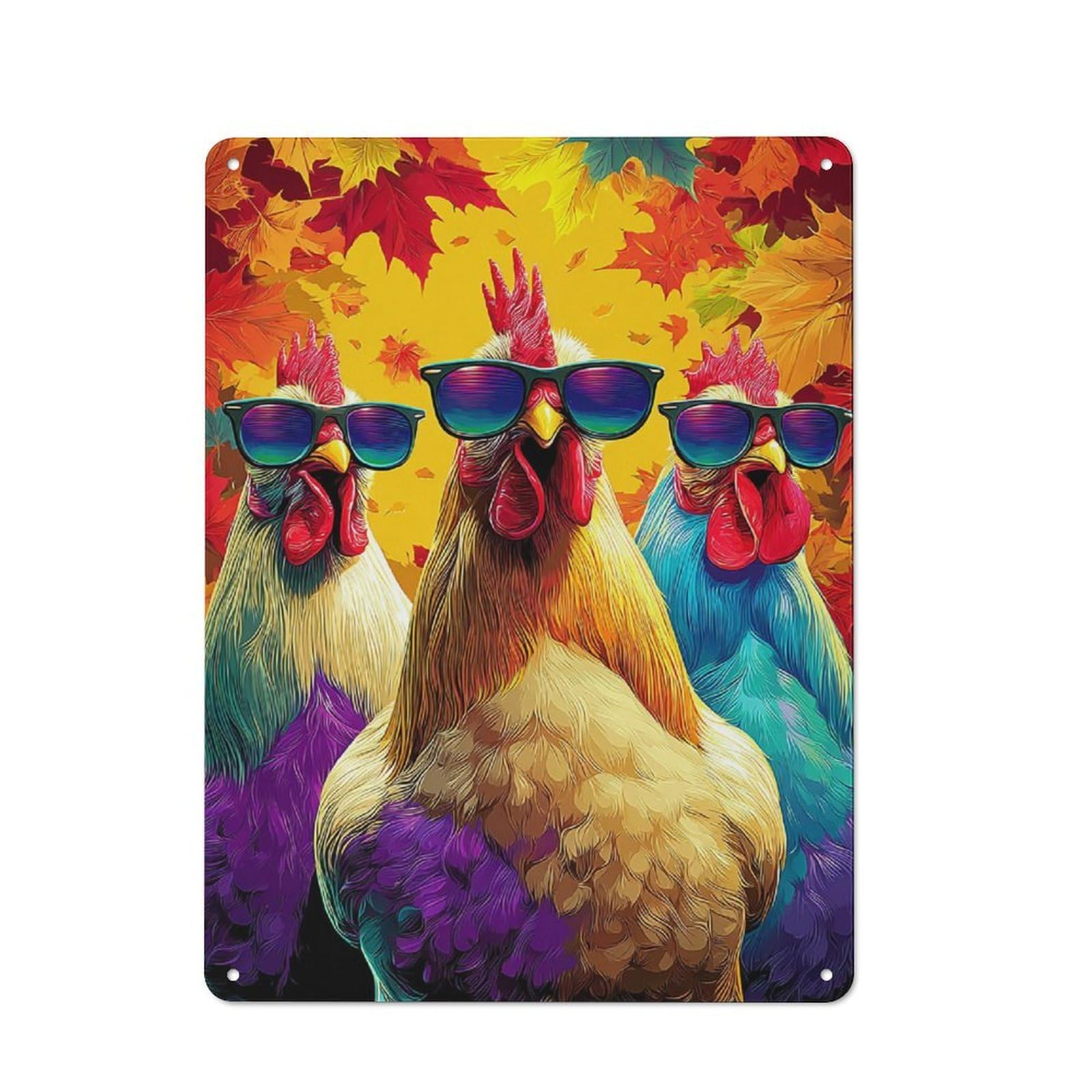 Junmoney Colorful Roosters With Sunglasses Rustic Metal Plaque 40X30cm For Hobby Room Or Studio, For Creative Interior Collectors