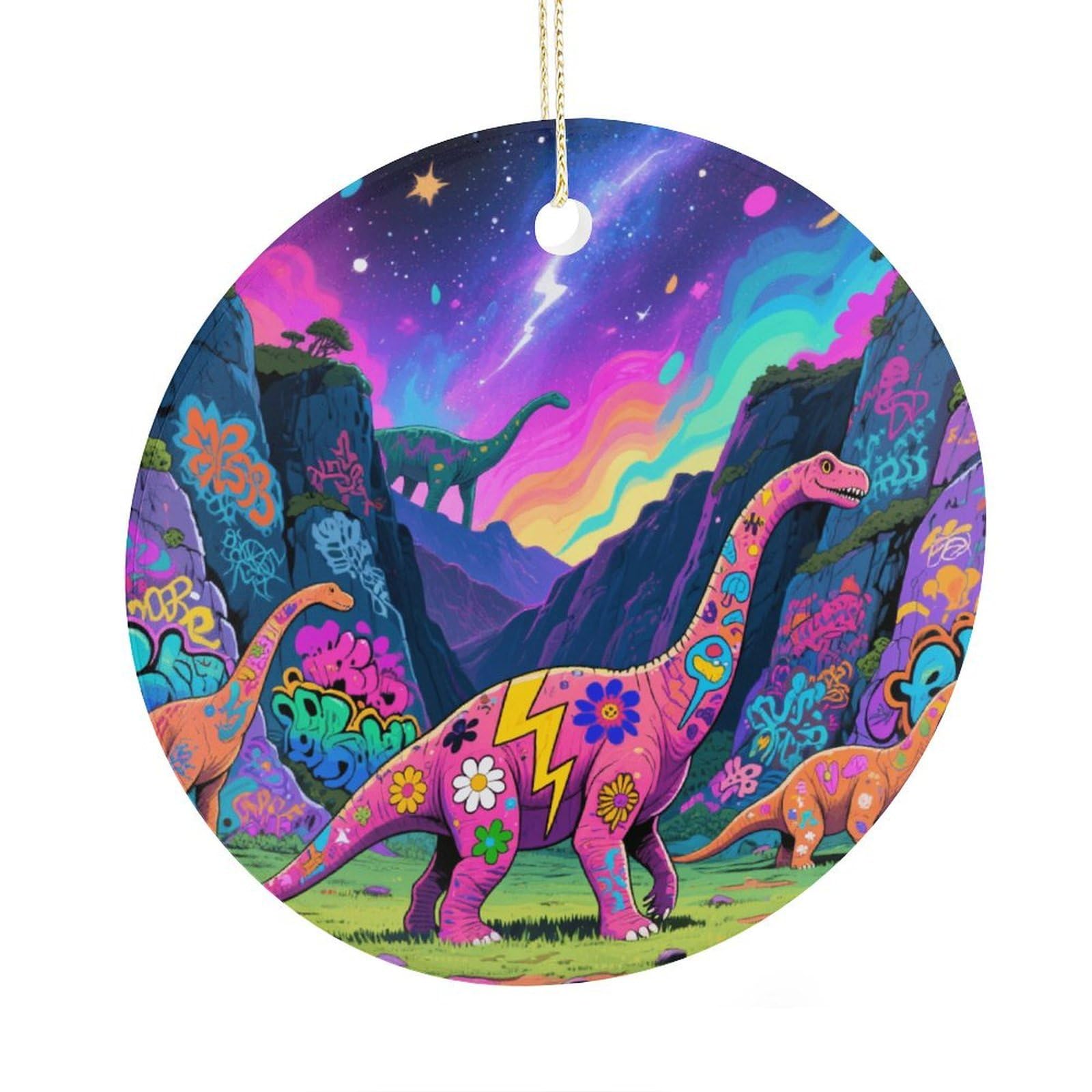 Fekiloot Style Graffiti Dinosaur Christmas Ornaments 2.9 Inch Round Ceramic Ornament Keepsake Thank You Gifts For Office, Room, Home - Holiday Present Ideas