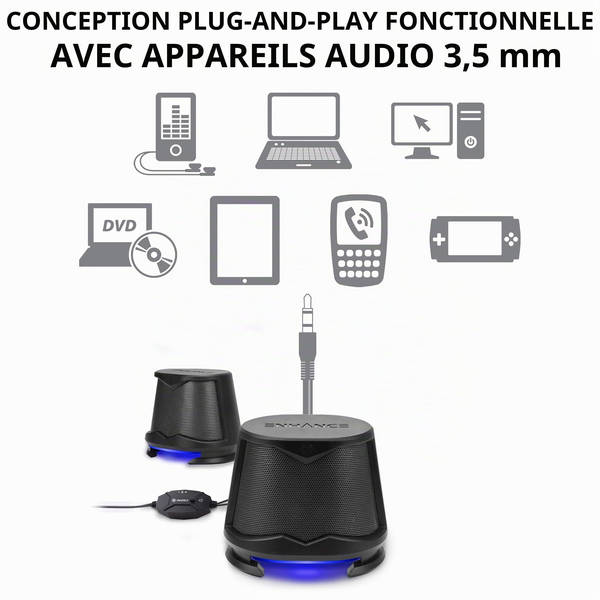 ENHANCE SB2 Haut-parleurs pour PC avec lumières LED Bleues et Design alimenté par USB 2.0 – Son de crête de 10 W, Connexion Filaire de 3,5 mm, contrôle du Volume en Ligne – Compatible avec Ordinateur