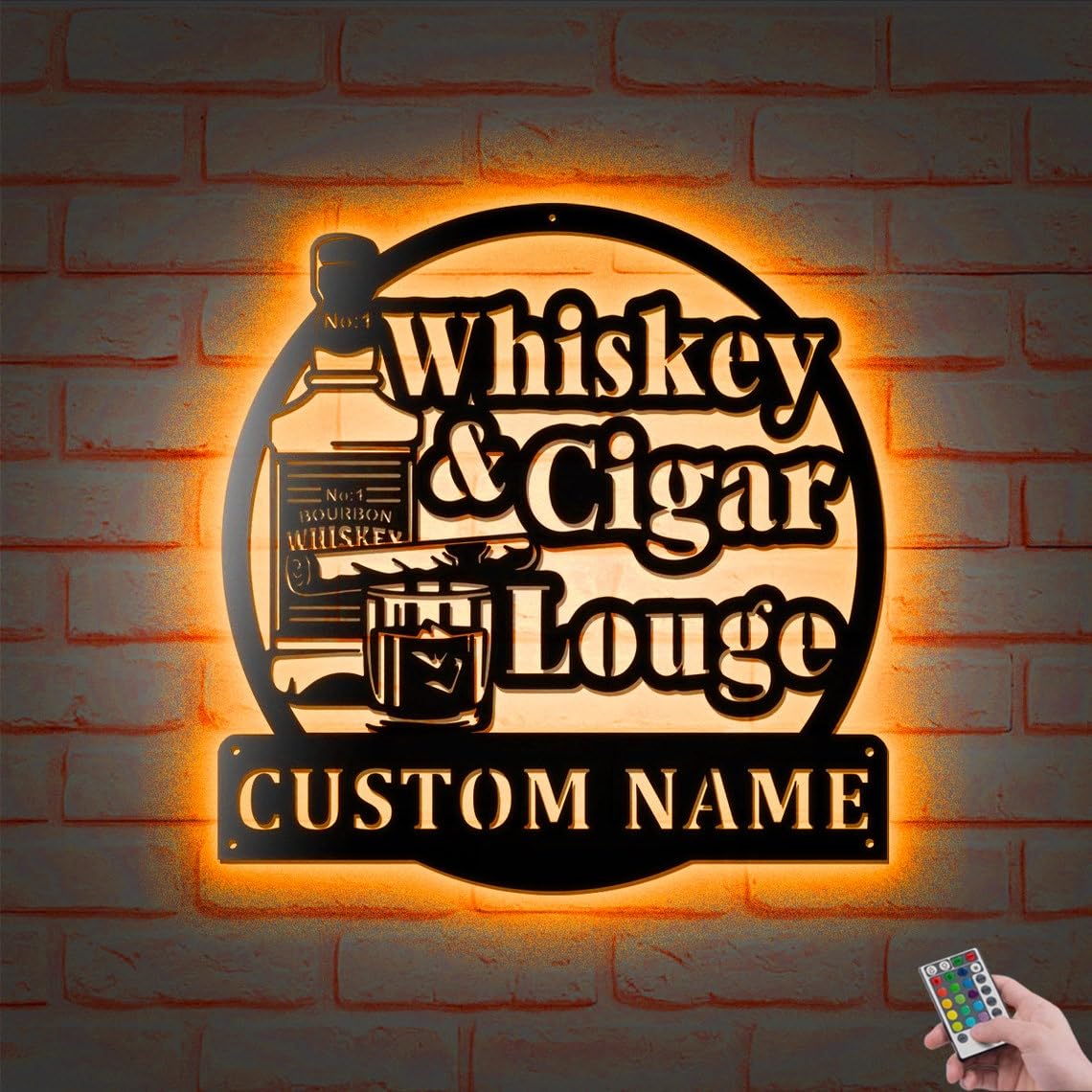 Whiskey & Cigar Lounge V1 Personalized Led Lights Metal Wall Art, Custom Bar Name Decoration Hanging for Home, Man Cave