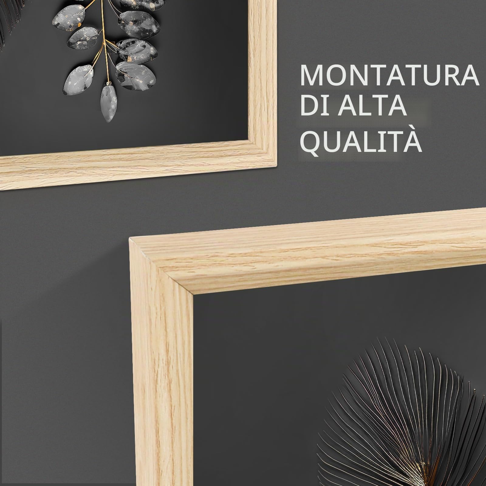 3Pcs Fiori 3D Oro Nero Stampa su Tela Con Cornice Foglie di Monstera Pittura Quadri su Tela Quadri Moderni Poster Camera da Letto Soggiorno Decorazioni 90x40cm(12"x16"x3pcs) (Senza Plexiglass)