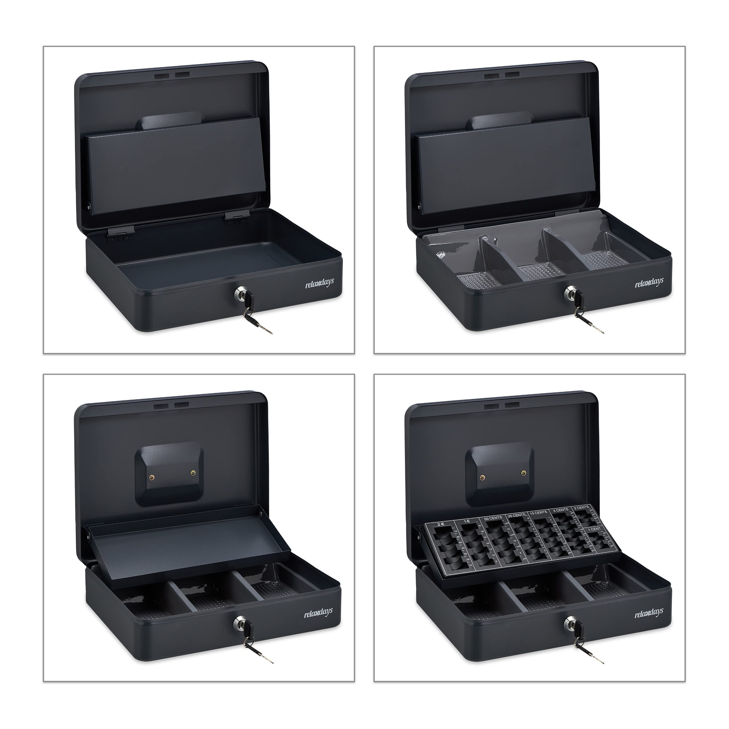 Relaxdays Cash Box, Lockable, Coin Counter Tray, Steel, 2 Keys, Change & Notes, 9 X 30.5 X 23.5 Cm, Grey