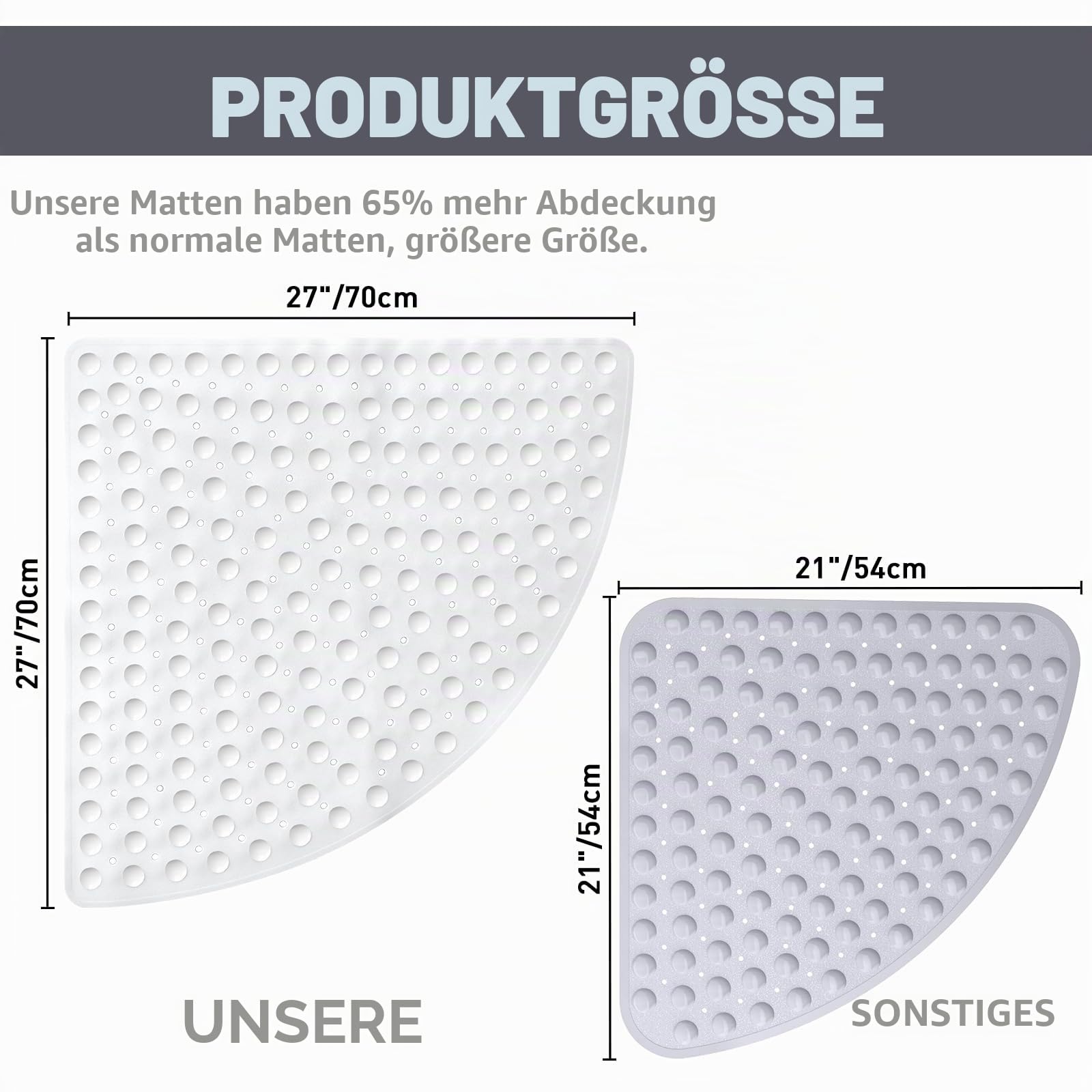 Eck-Duschmatte rutschfest 70 x 70 cm, Große Duscheinlage rutschfest Antirutschmatte Halbrund mit Saugnäpfen und Abflusslöchern, Maschinenwaschbar (Weiß)