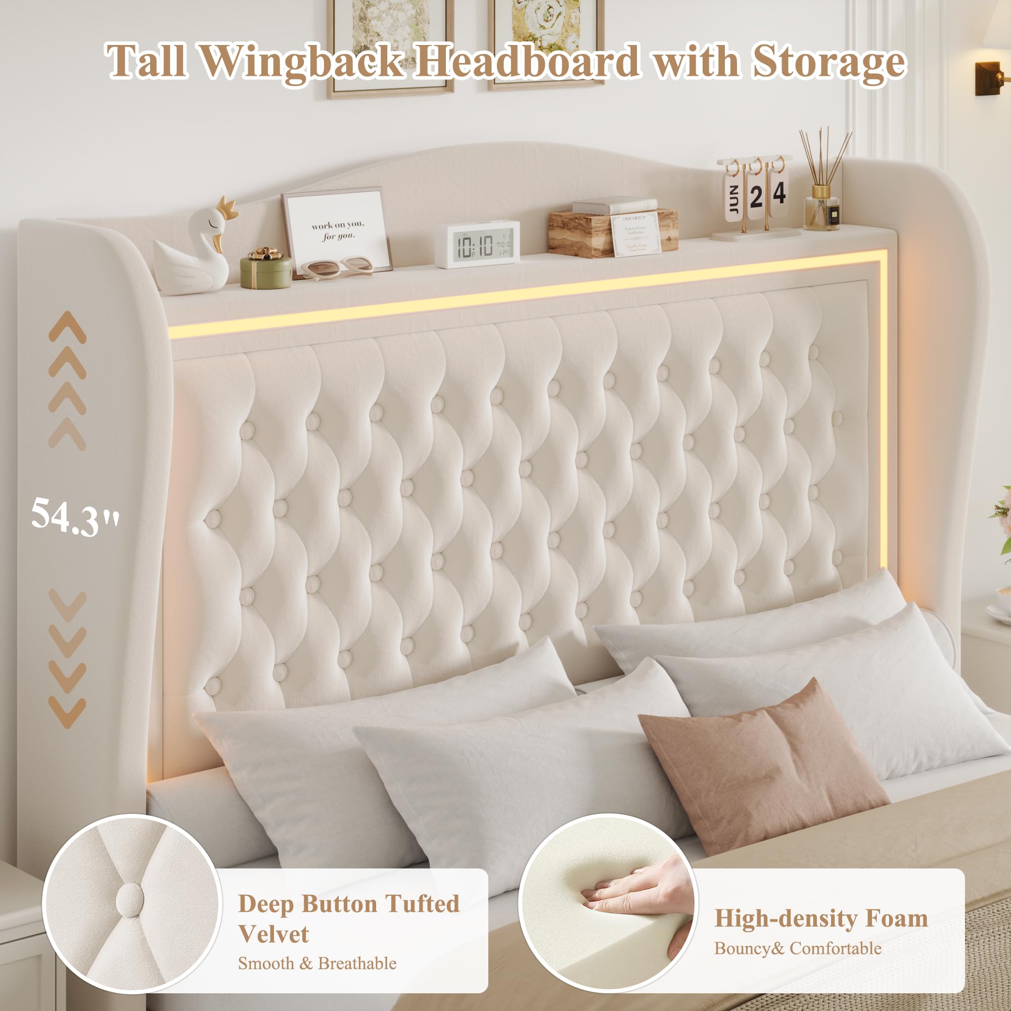 Struttura Letto Queen Size In Velluto Con Luci LED E Testiera Regolabile - Base Antirumore, Doghe In Legno, Portata 453kg, Grigio