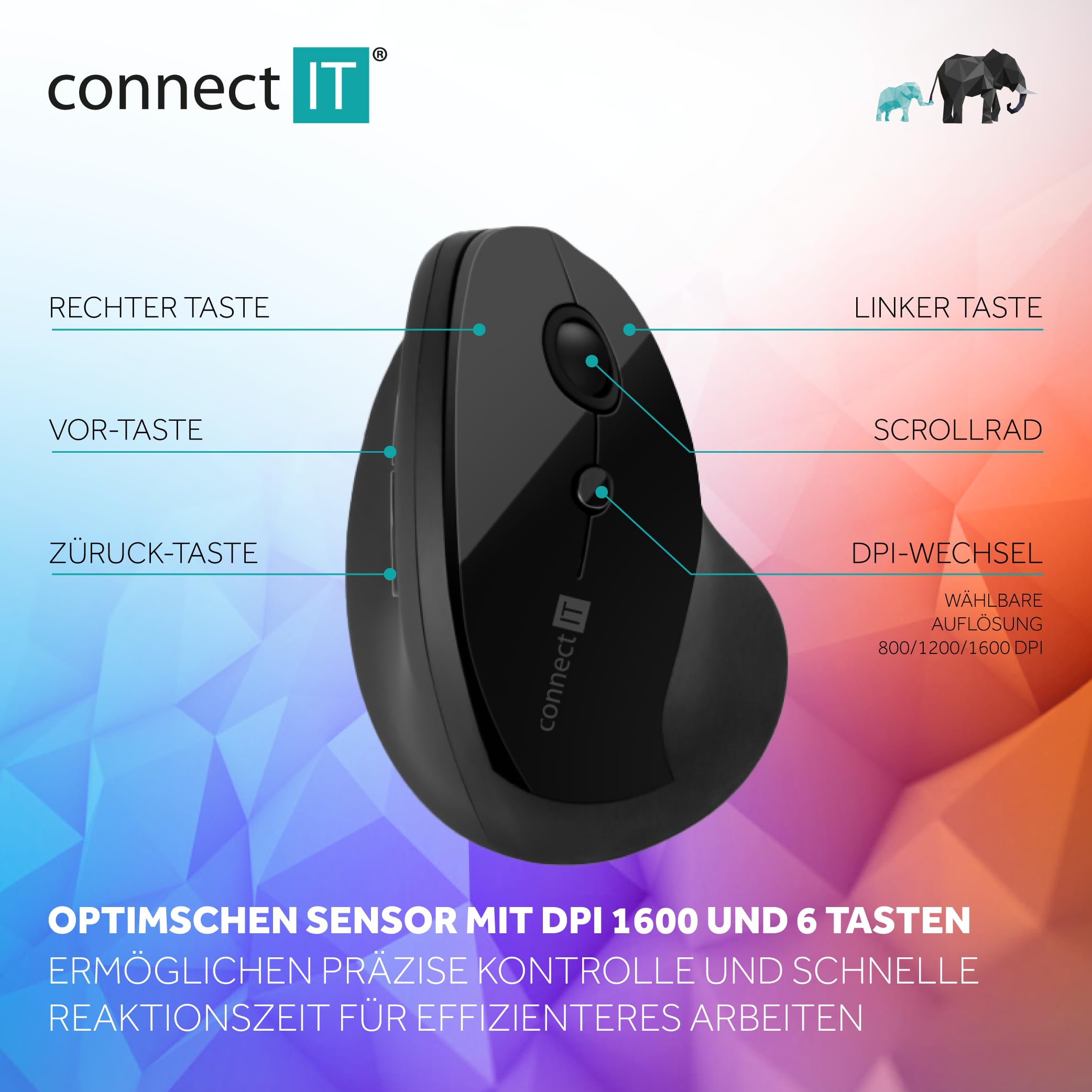 Connect It for Health Souris Ergonomique Verticale (+ 1 Pile AA Gratuite), sans Fil, Noir