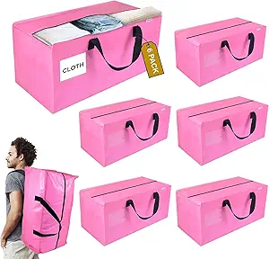 6 Pack Extra Large Moving Bags with Zippers, Backpack Straps & Reinforced Handles, Heavy Duty Storage Bags for Clothes, Moving, Space Saving, Pink