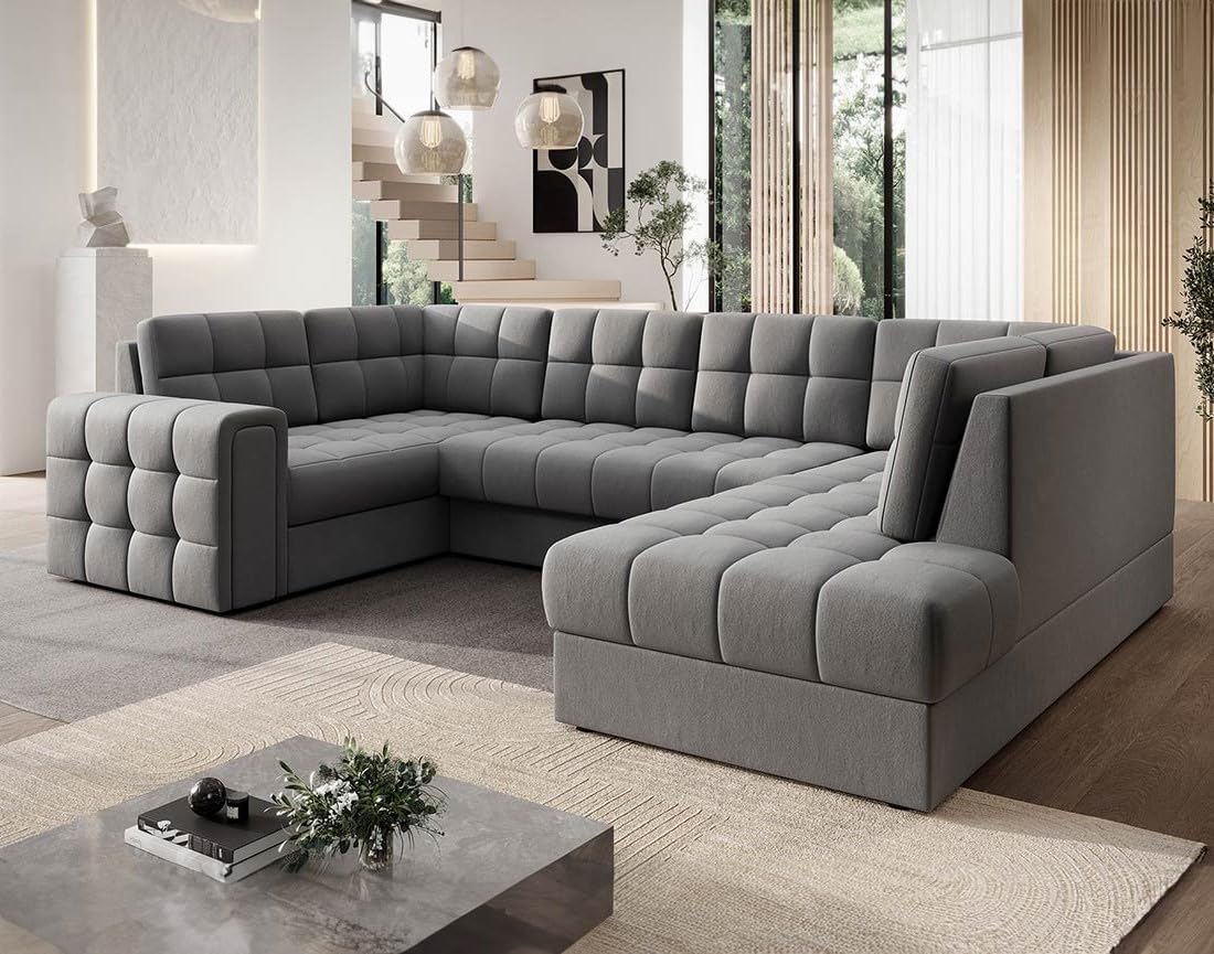Bestmobilier - Nappa - Canapé panoramique d'angle Gauche 7 Places Convertible avec Coffre en Velours, Gris Clair