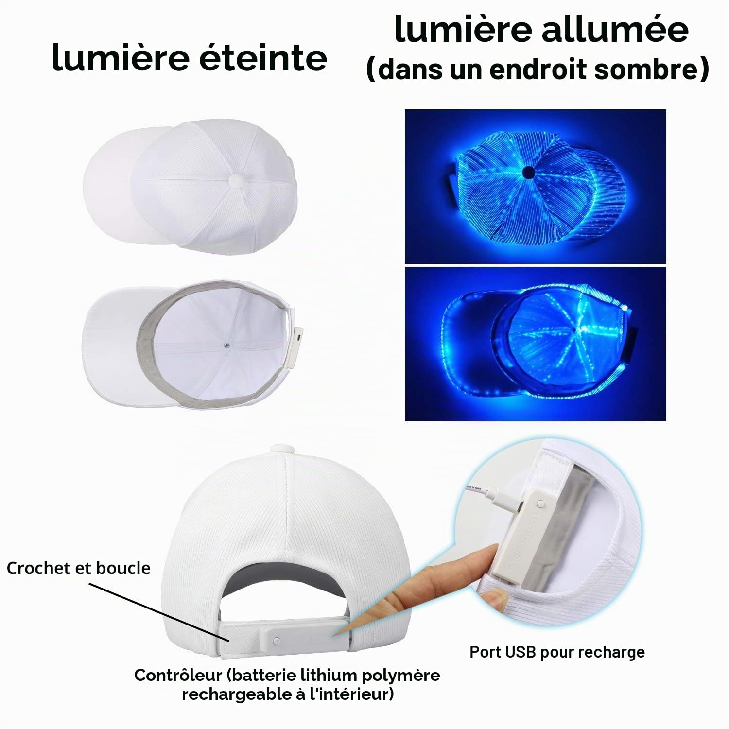 Ruconla Casquette à fibre optique LED avec 7 couleurs lumineuses EDC - Chargement USB - Casquette lumineuse même pour fête d'Halloween
