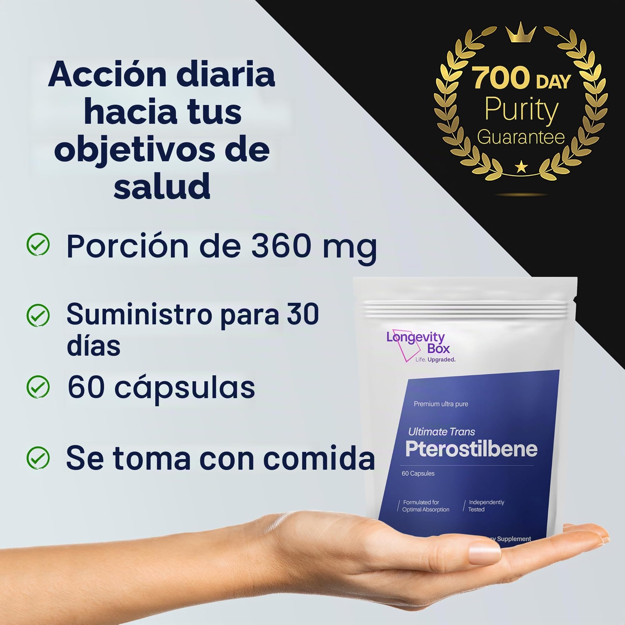 Pterostilbeno 150 mg con 60 Cápsulas, Trans Pterostilbeno 99 por Ciento Puro, Suplemento Dietético Antioxidante para el Mantenimiento de la Función Celular