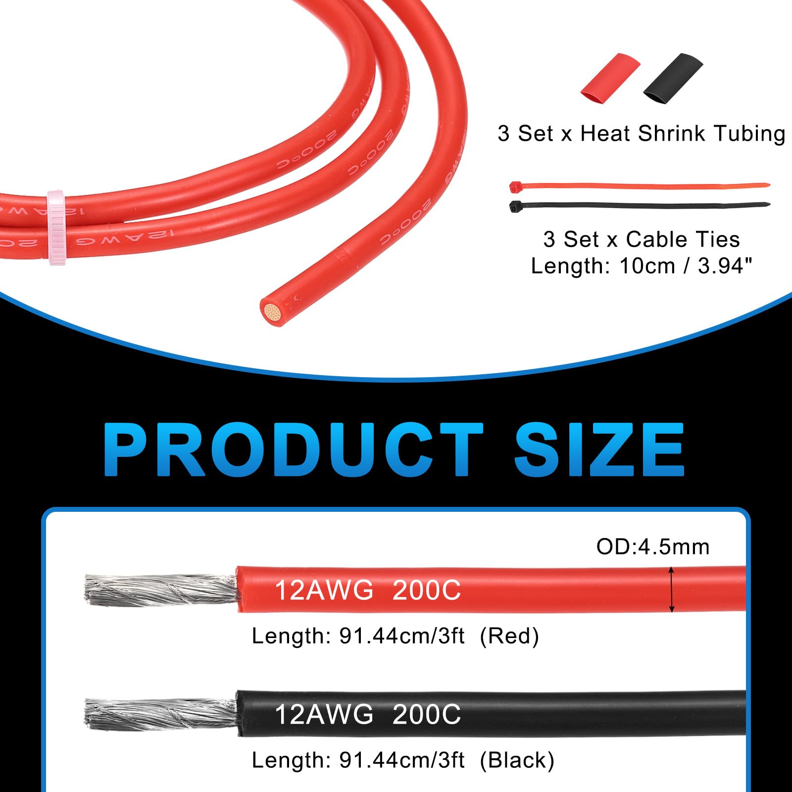 QUARKZMAN Kabel zasilający 12AWG 1 m, ocynkowany drut miedziany, 3,33 mm², z wężem termokurczliwym, opaska kablowa, przedłużacz, silikonowy, elektryczny kabel głośnikowy, 2 sztuki