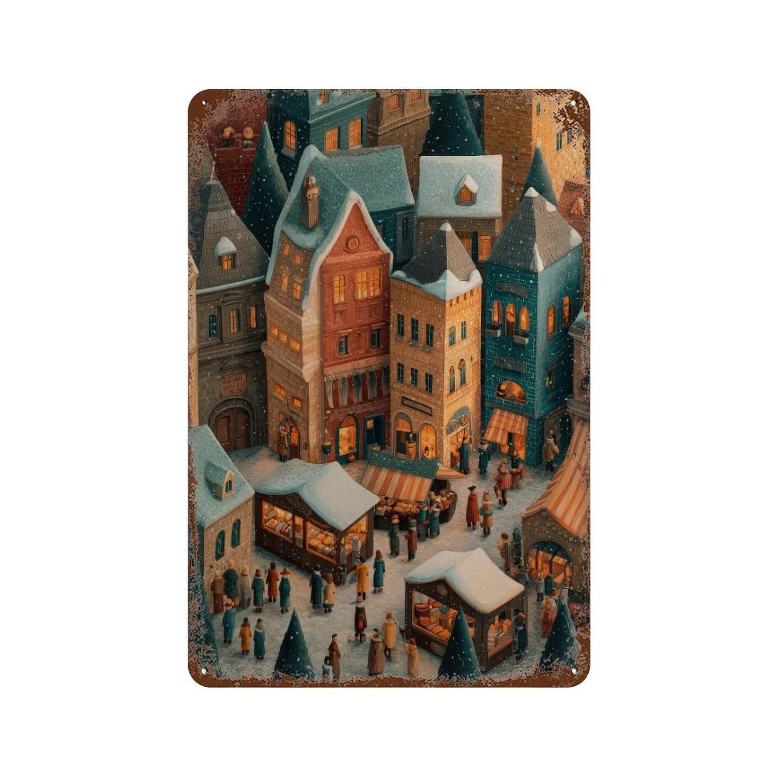 xiaoxiaoshen Winter Market Scene. Cozy Illustration Snowy Town Wall Decor Art Metal Tin Poster Modern Home Decor Art Home Bar Shop Decorations Vintage Sign 30x20cm