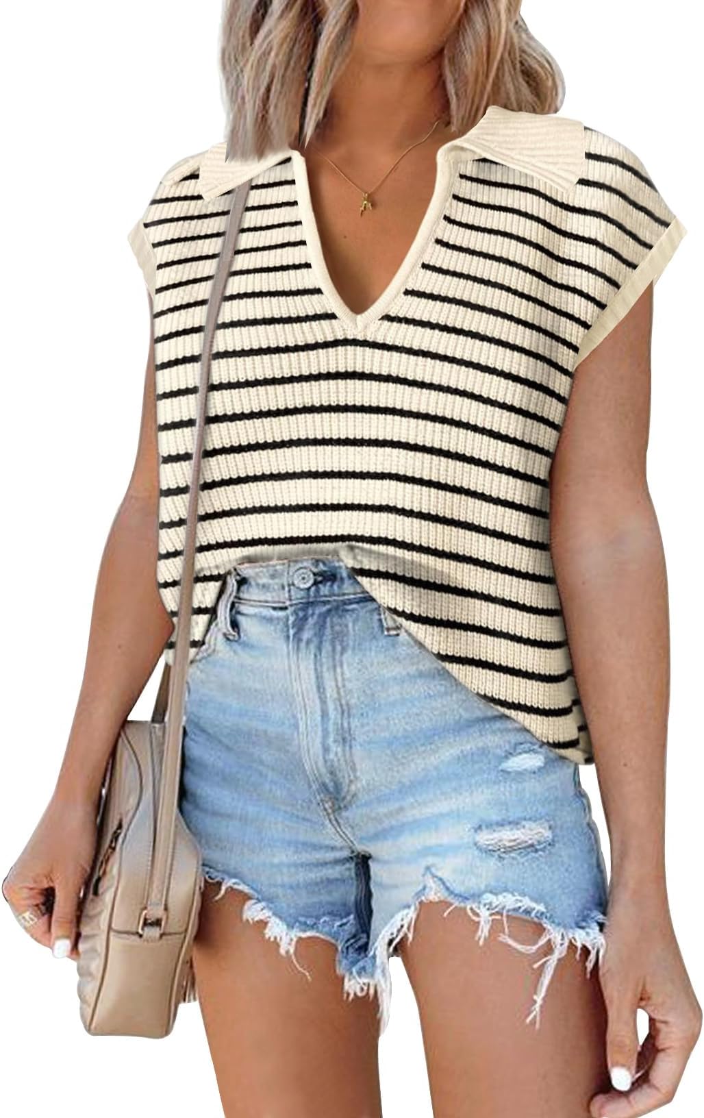 DisamerShort Sleeve Sweater for Women 2024 Spring Striped Sweater Vest Polo Sweater Tank Tops Summer Tops Sweater Shirt Blouse