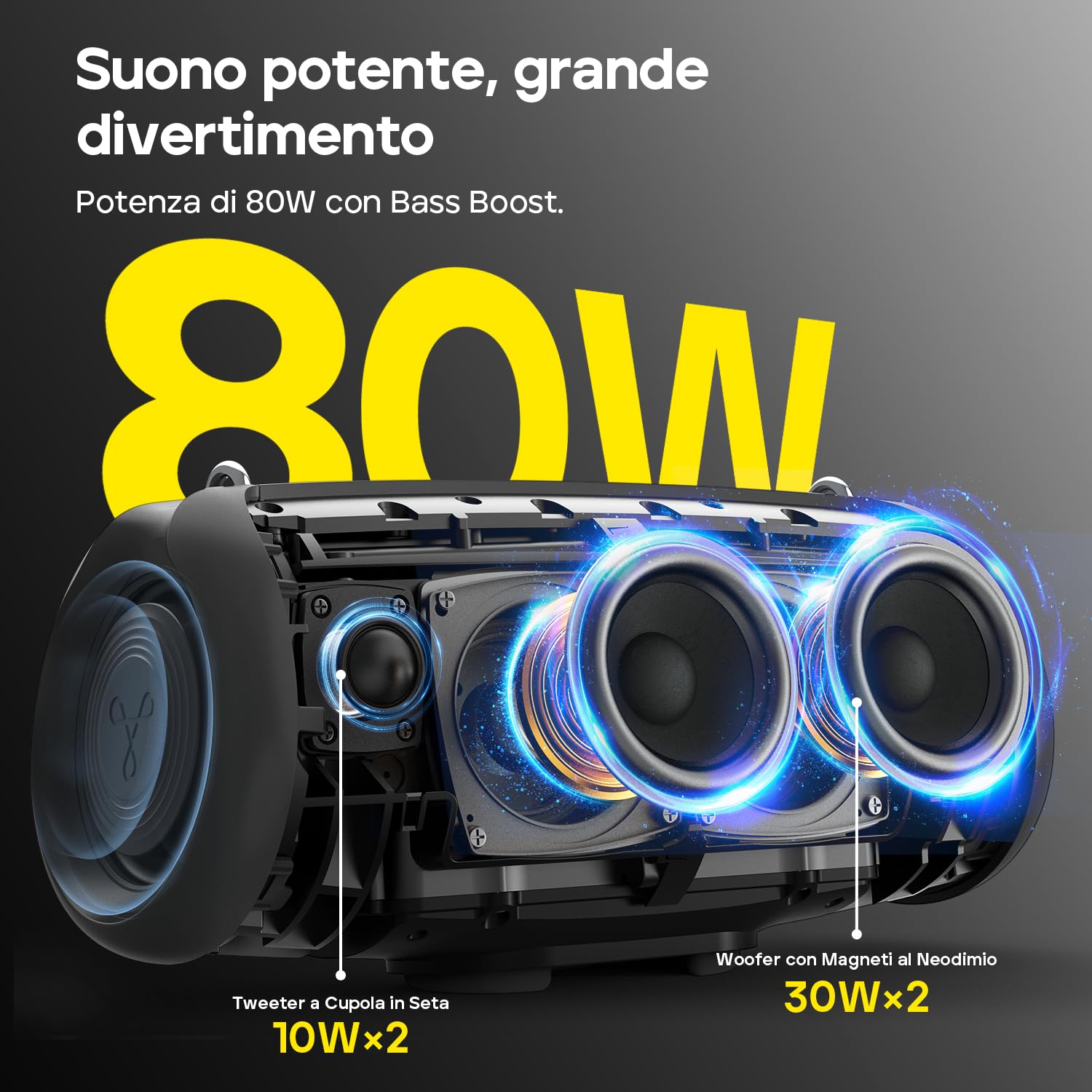 Tribit StormBox Lava Cassa Bluetooth Portatile, 80 W, IP67 impermeabile | XBass, 24 ore, Bluetooth 5.4, EQ personalizzato, TWS, microfono integrato, campeggio, feste, outdoor, grigio